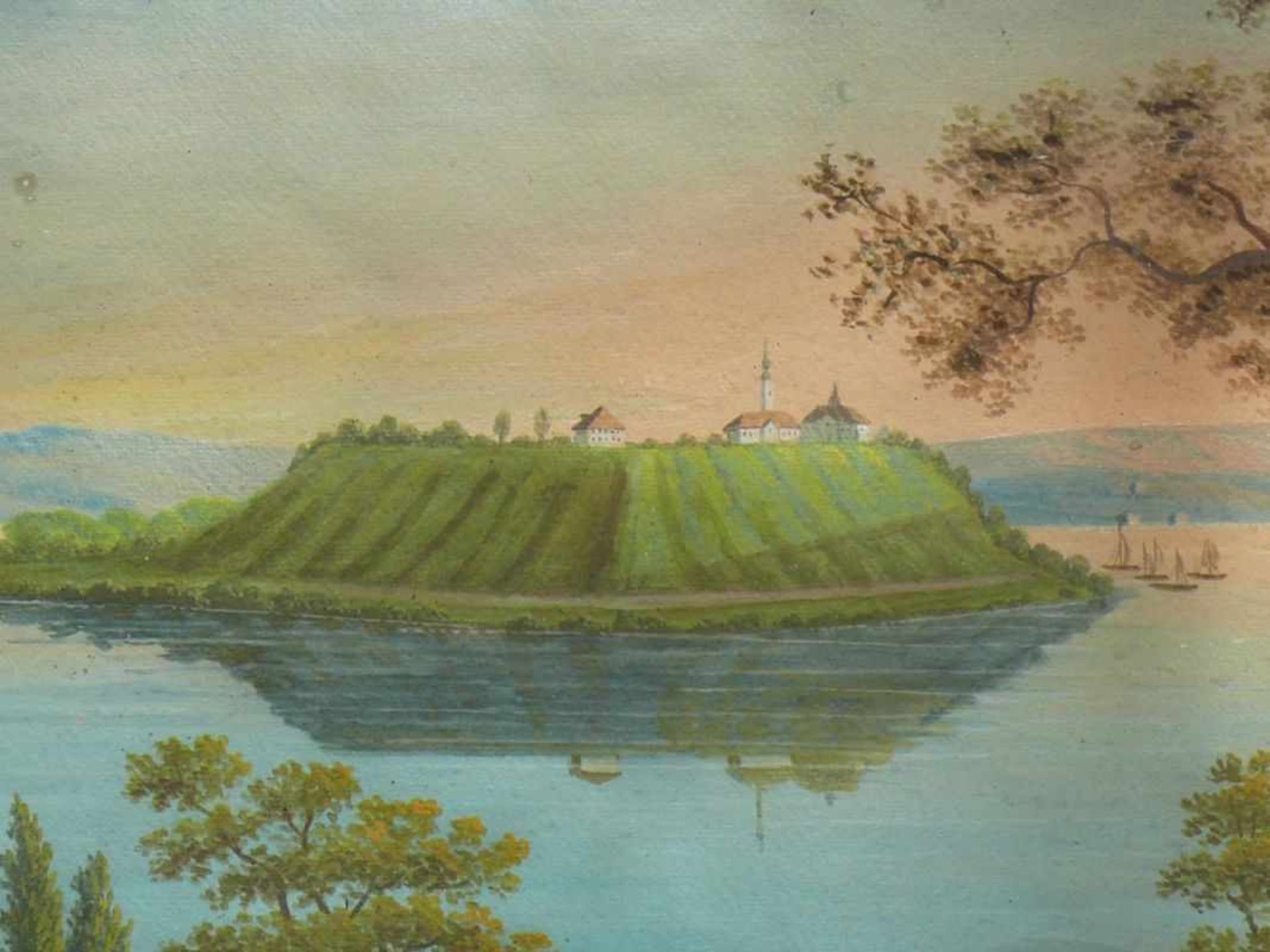 Meinau (um 1830)"Blick vom Ufer auf die Insel Meinau"; im linken Vordergrund Bauer mit Kühe; - Bild 4 aus 7
