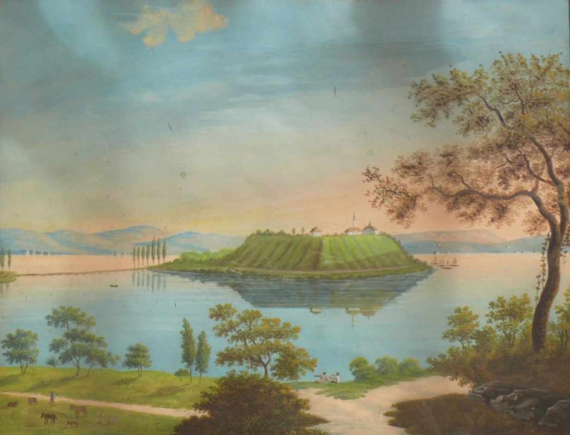 Meinau (um 1830)"Blick vom Ufer auf die Insel Meinau"; im linken Vordergrund Bauer mit Kühe; - Bild 2 aus 7