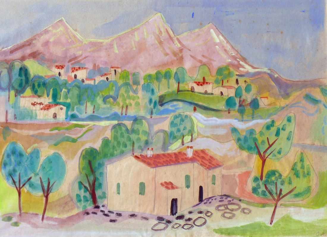 Adam, Otto (Konstanz 1901 - 1973)"Landschaft in Südfrankreich"; Sommerstimmung; Blick auf Häuser mit