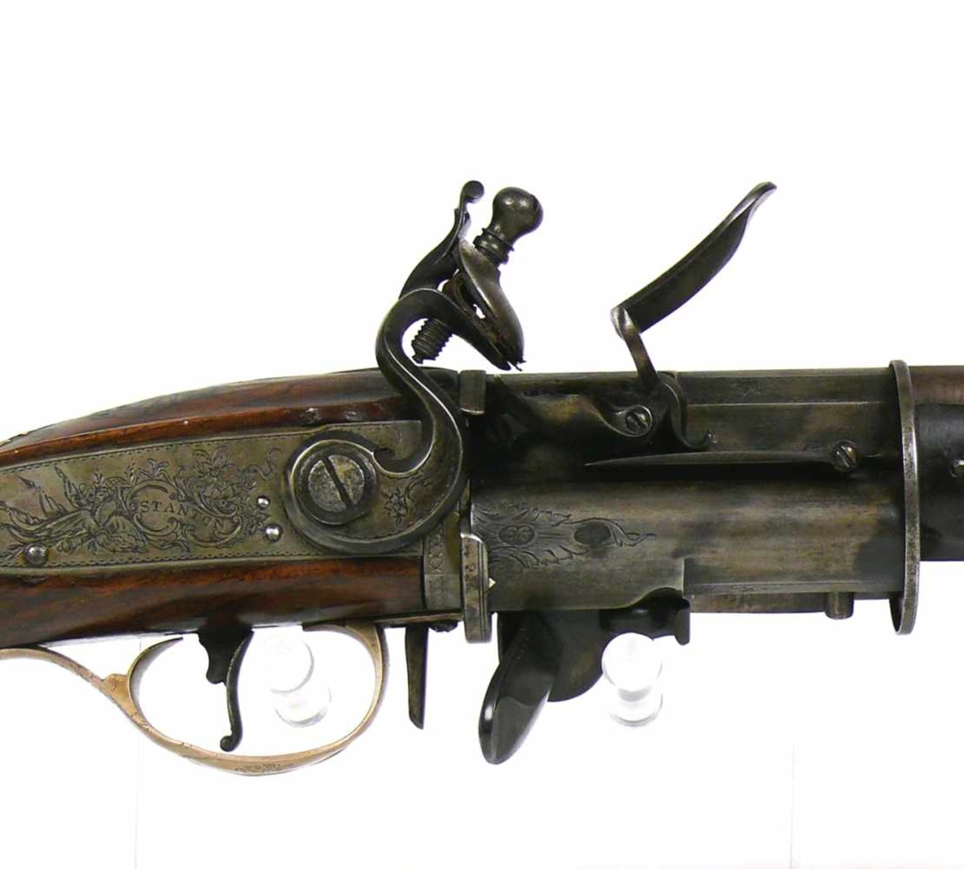 Seltene Systemwaffe (Stanton, London um 1790)Steinschloss-Pistole mit 1 Hahn, 3 Kammern und 3 - Image 6 of 16