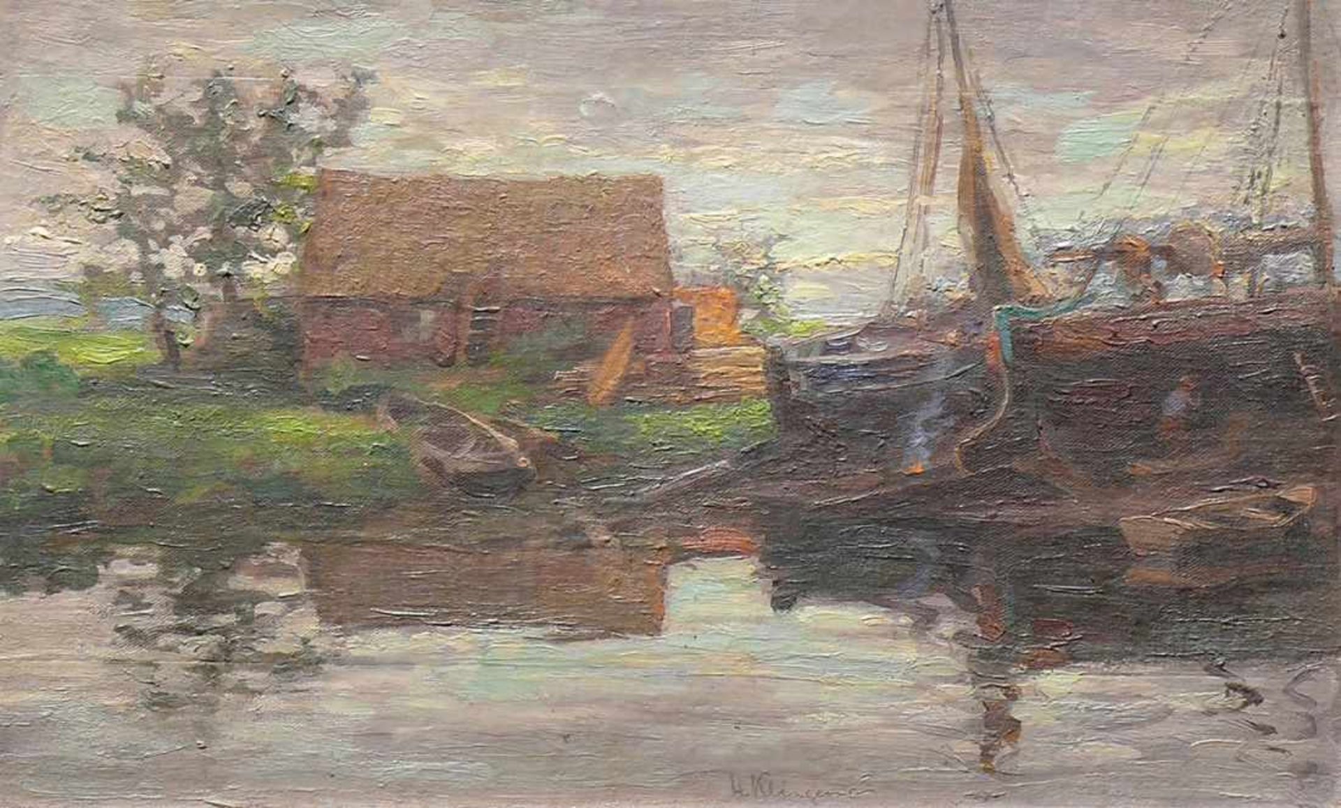 Klingemann, Hugo (1869 Wittmond - 1942 Stuttgart)"Boote am Ufer mit Fischerhütte"; ÖL/LW/Holz; - Image 3 of 4