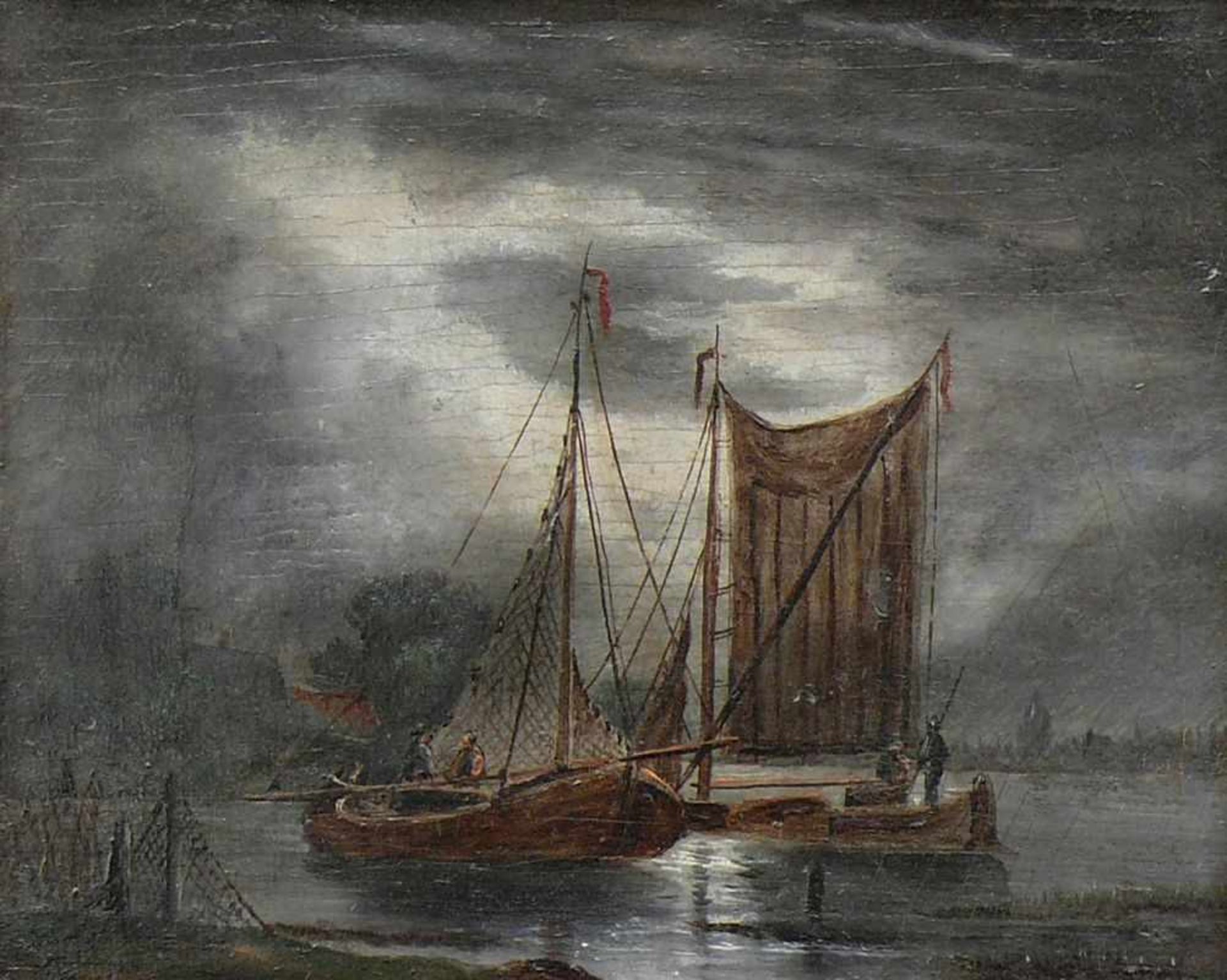 Niederländische Schule (19.Jh.)"2 Fischerboote am Ufer"; Nachtstimmung mit vom Mond beleuchteten - Bild 2 aus 3