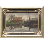 Klingemann, Hugo (1869 Wittmond - 1942 Stuttgart)"Boote am Ufer mit Fischerhütte"; ÖL/LW/Holz;