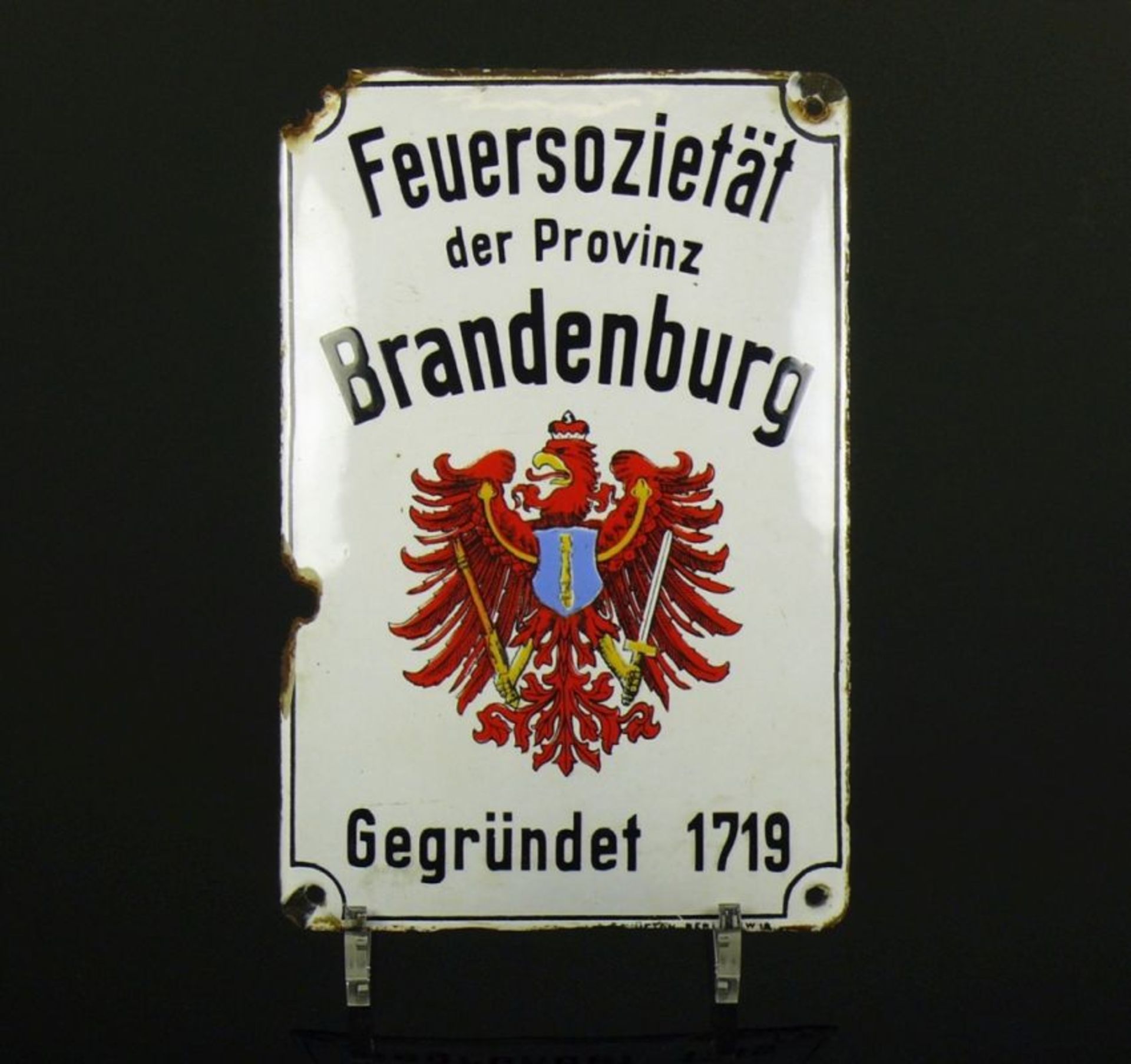 Emailschild"Feuersozietät der Provinz Brandenburg, gegründet 1719"; farbiger Email; mit