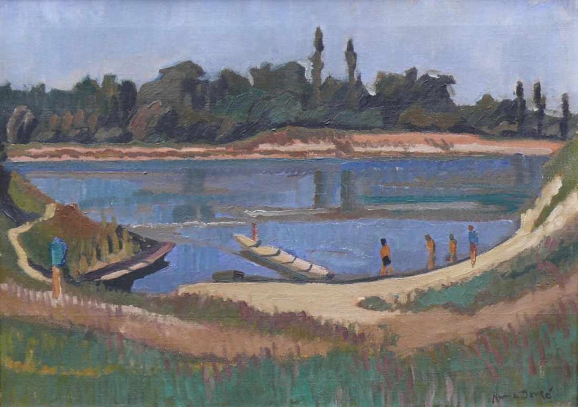 Donzé, Numa (1885 Basel - Riehen 1952))"Rheinlandschaft mit Badenden"; Anfang 20.Jh.; ÖL/LW; - Image 3 of 5