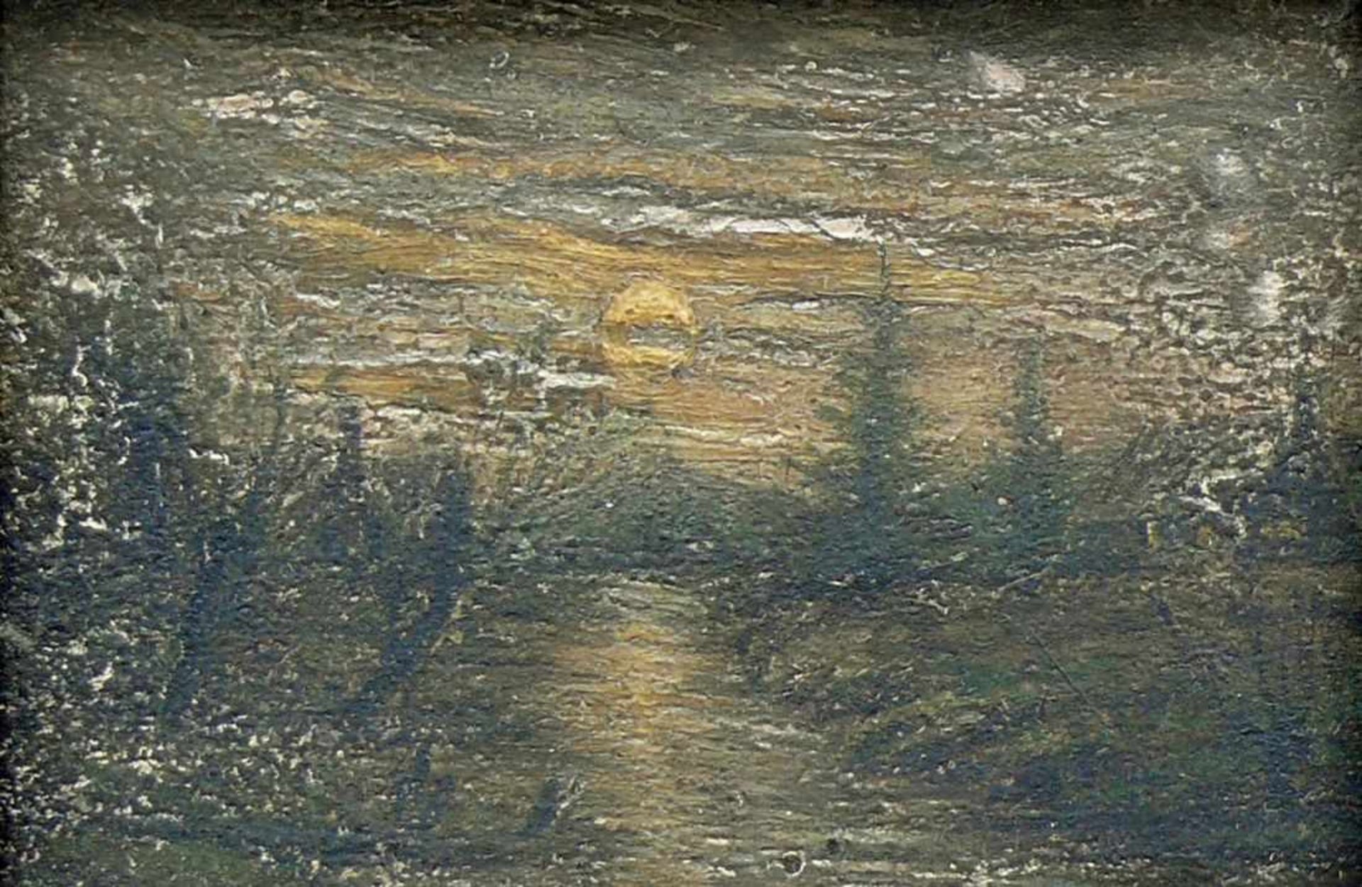 Anonym (19.Jh.)"Landschaft mit Mondschein"; ÖL/Holz; ca. 10 x 15 cm; R; Rahmenmaß: 21 x 25,5 x 4 cm - Image 2 of 3