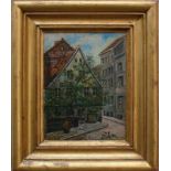 Krerek, V. (um 1900)"Häuserzeile einer Stadt"; auf Trottoir eine Frau; ÖL/LW; rechts unten sign.;