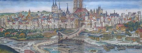 Ulm (um 1600)"Gesamtansicht"; col. Holzschnitt; Darstellungsgröße: 20 x 53 cm; unter PP hinter