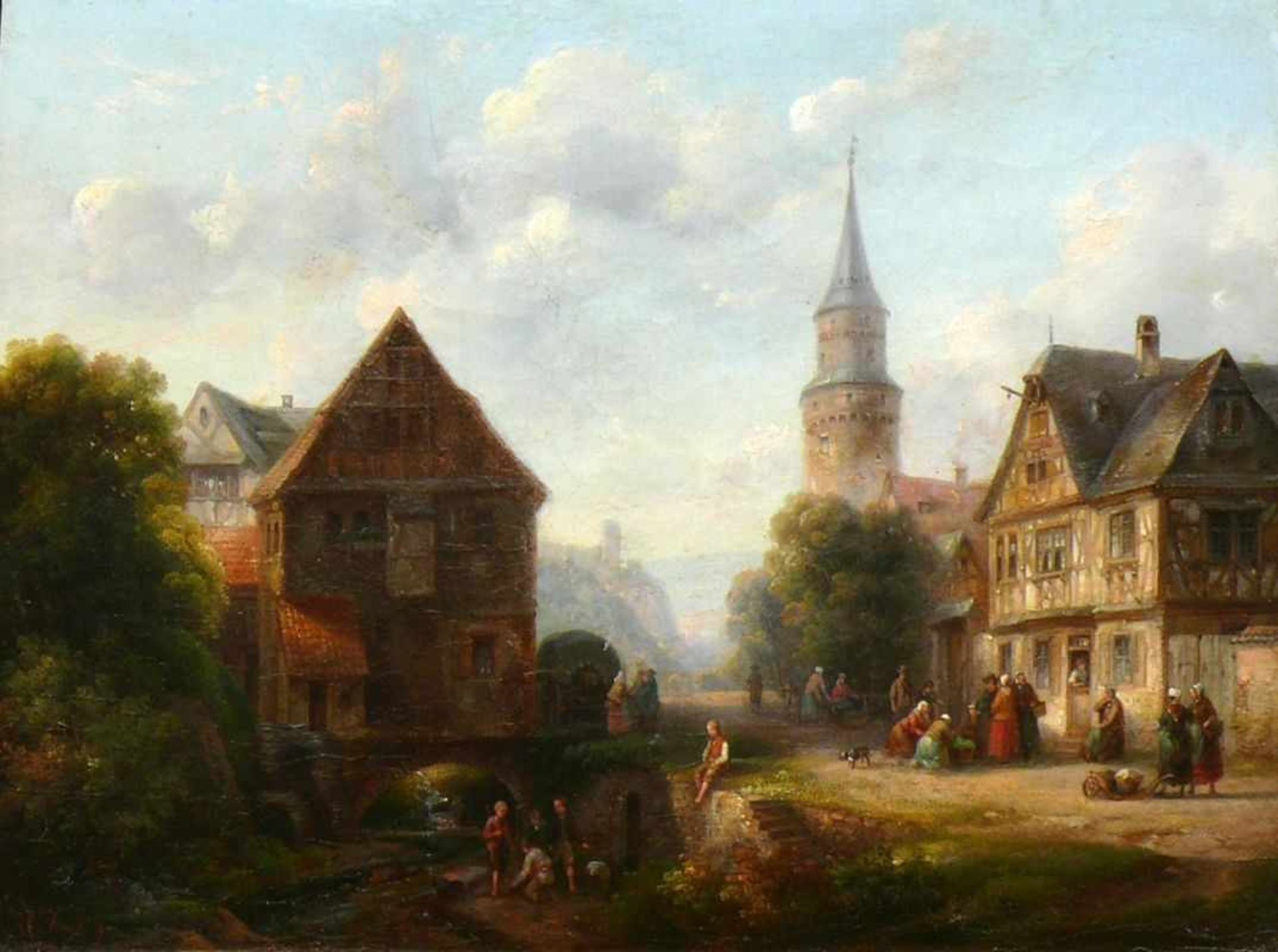 Janz, Philipp (Mainz 1813 - 1885)"Motiv in Idarstein"; Blick auf Häusergruppe und belebte Straße mit - Image 4 of 5