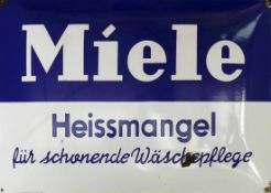 Emailschild "Miele" (50er Jahre)Heissmangel für schonende Wäschepflege; 49,5 x 74 cm; leicht