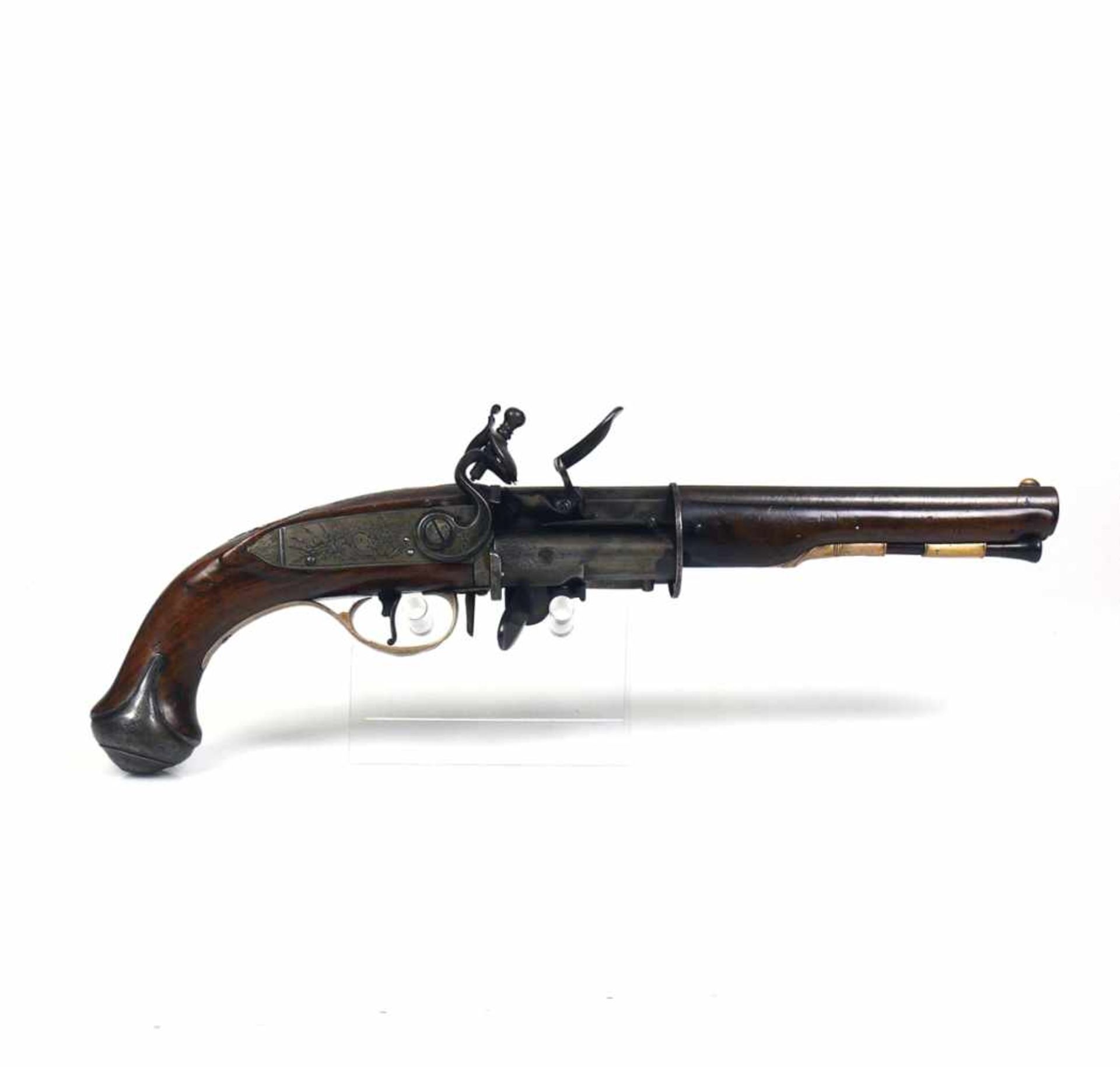 Seltene Systemwaffe (Stanton, London um 1790)Steinschloss-Pistole mit 1 Hahn, 3 Kammern und 3