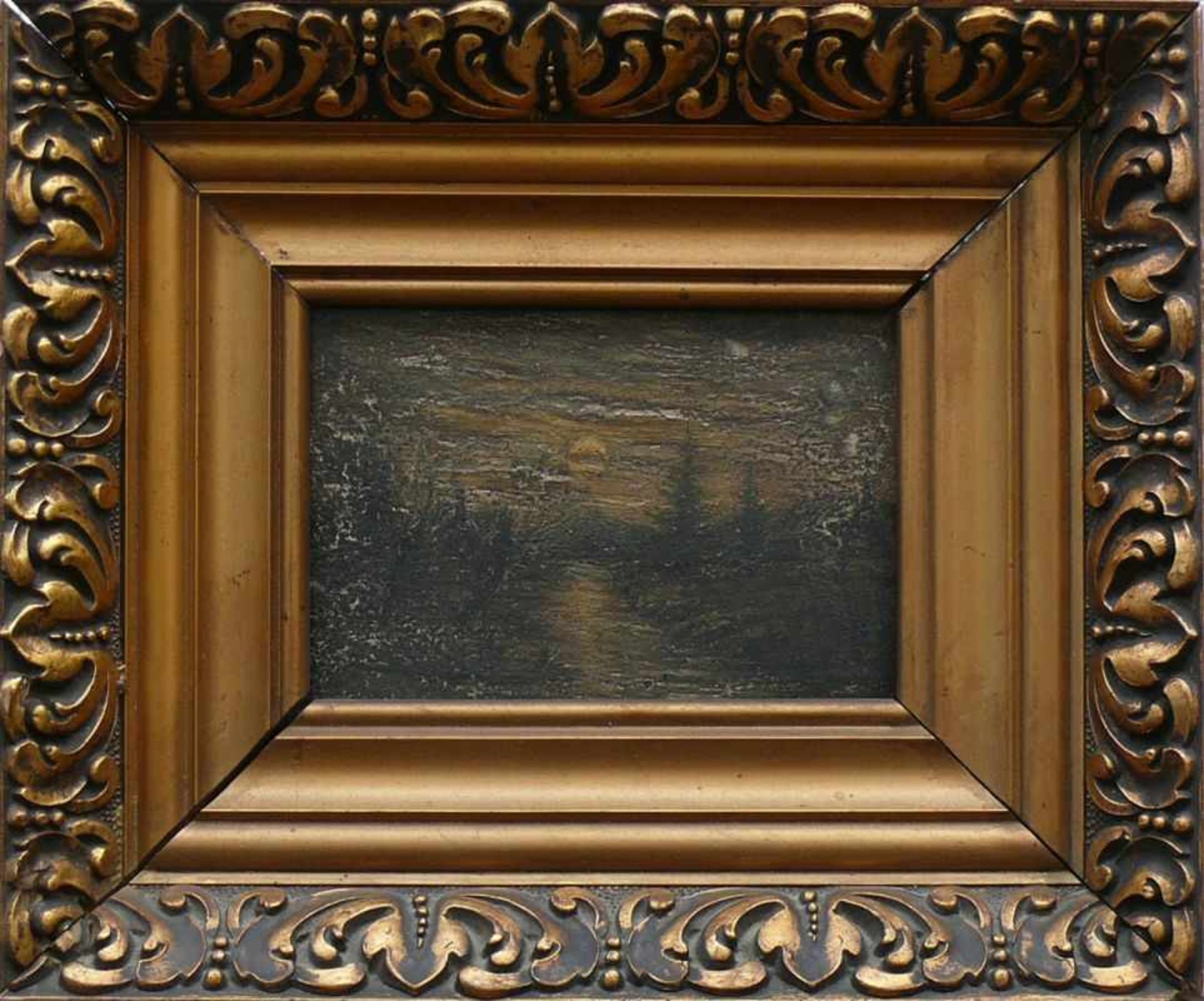 Anonym (19.Jh.)"Landschaft mit Mondschein"; ÖL/Holz; ca. 10 x 15 cm; R; Rahmenmaß: 21 x 25,5 x 4 cm
