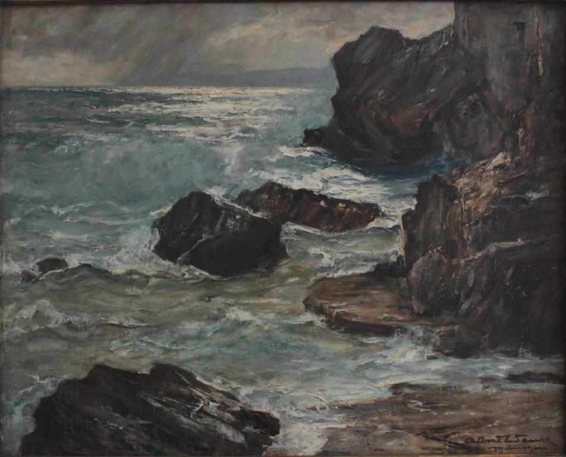 Albert Wenk, (1863 Bühl-Baden - 1934 München)Öl auf Leinwand gemalt, "Küstenlandschaft", gerahmt, - Bild 2 aus 4