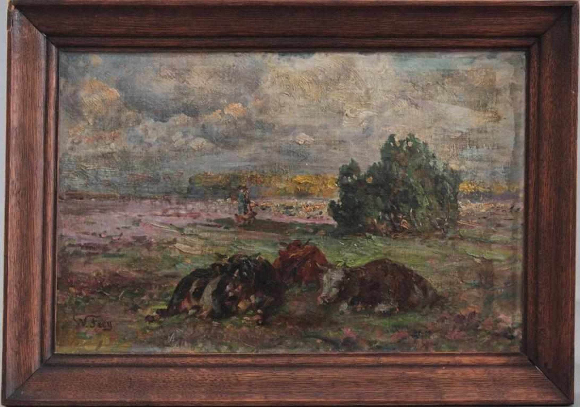 Wilhelm Frey 1826 - 1911, Hirtin mit liegenden Kühen auf der WeideÖl auf Karton gemalt, unten
