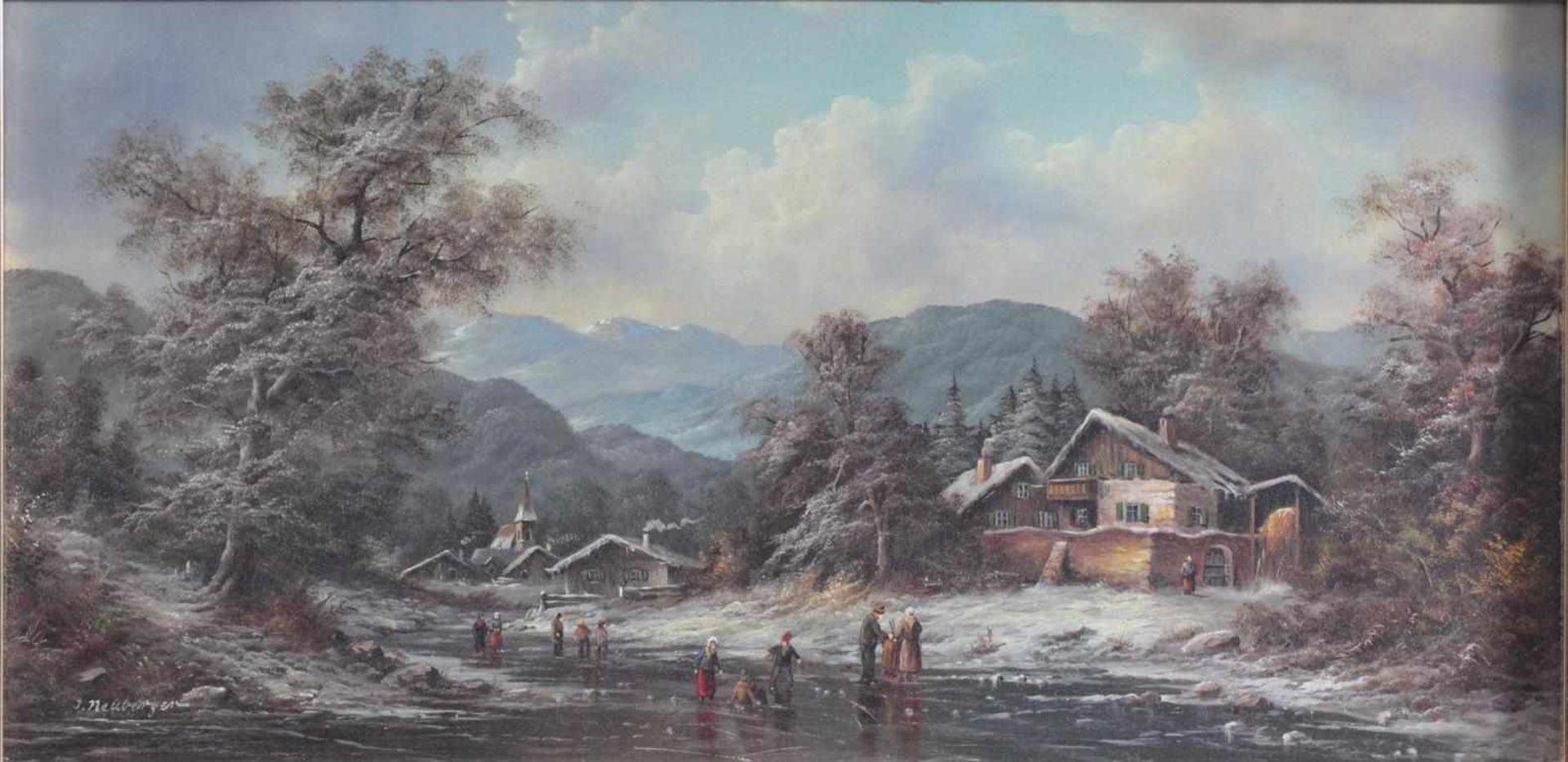 I. Neuberger 1926-2012Winterliche Flusslandschaft mit Gebäuden und Personen, Öl auf Holz gemalt, - Bild 2 aus 4