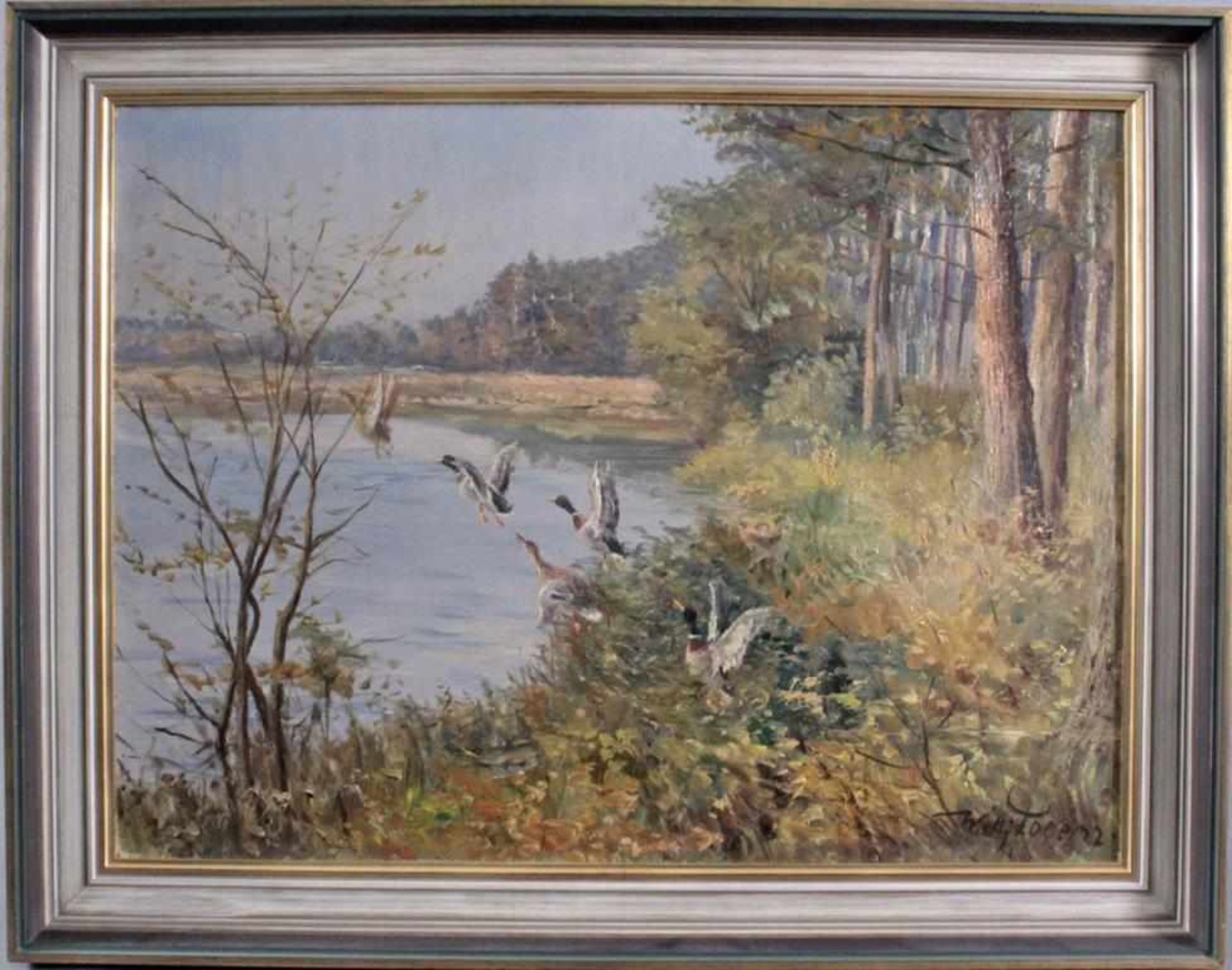 Willi Lorenz (1901-1981). "Aufsteigende Enten am See"Öl auf Leinwand gemalt, unten rechts