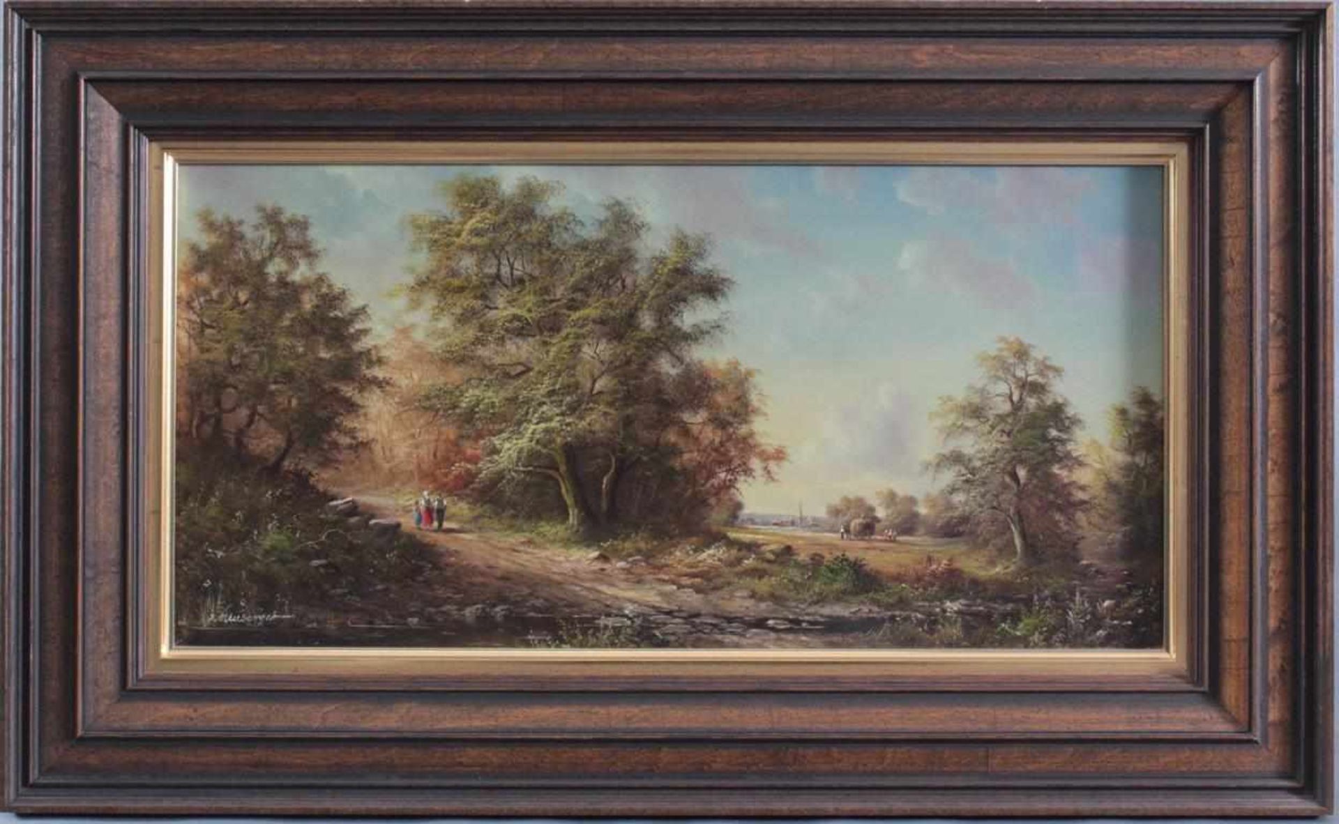 I. Neuberger (1926-2012)Sommerliche Landschaft mit Gebäuden und Personen, Öl auf Holz gemalt,