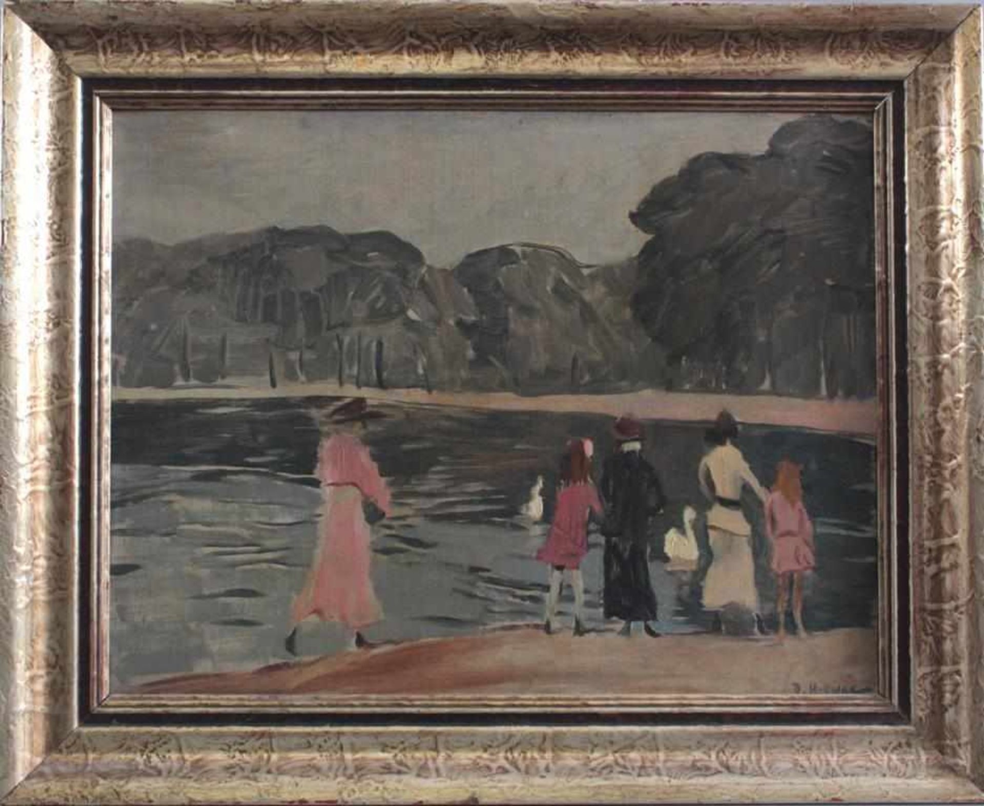 Rudolf Hellwag (1867–1942). "Am Teich im Hydepark"Öl auf Holz, unten rechts signiert,  ca. 41 x 53,5