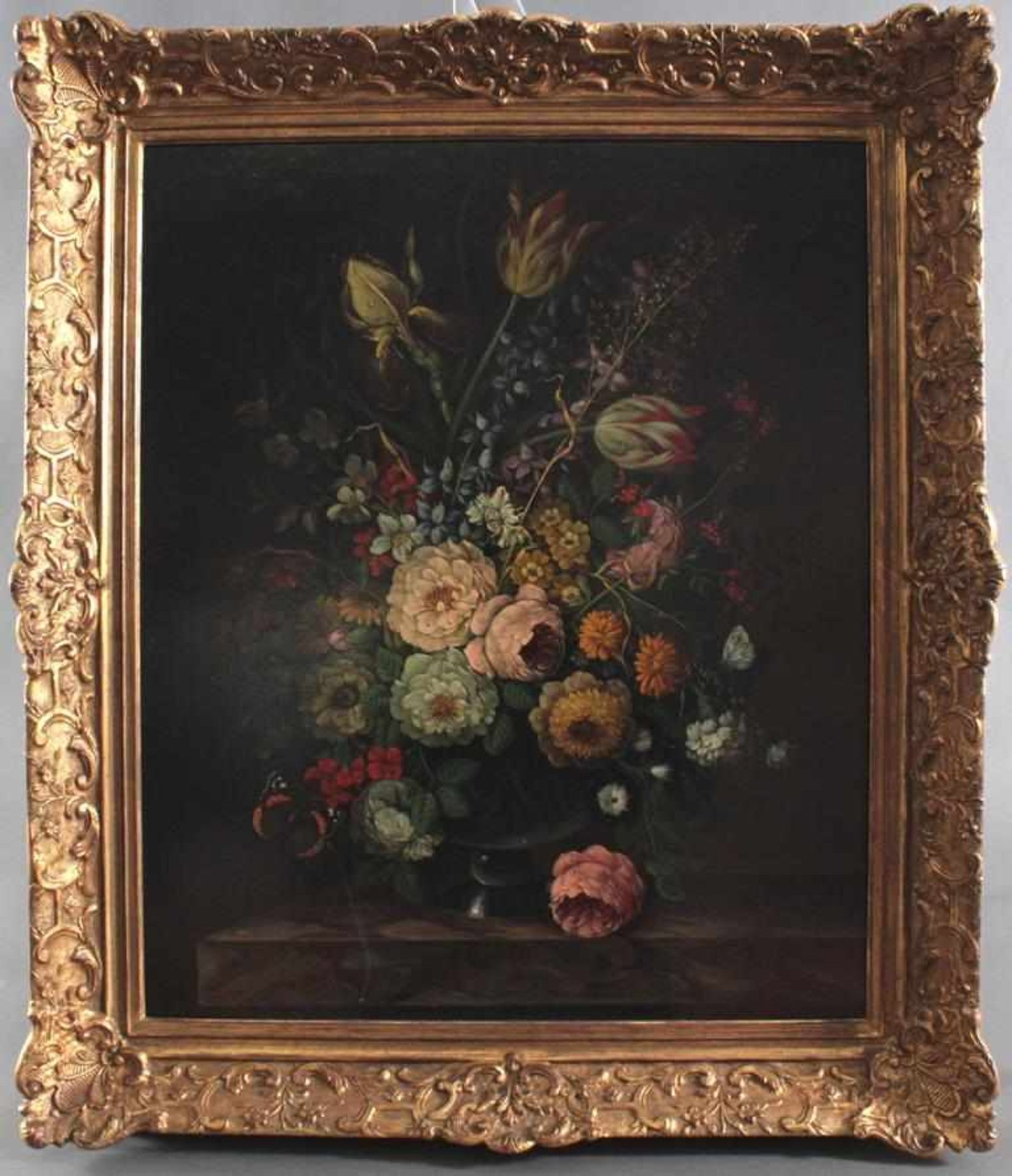 Oskar Denner 1924, Blumenstillleben mit SchmetterlingÖl auf Holz gemalt, unten rechts signiert,