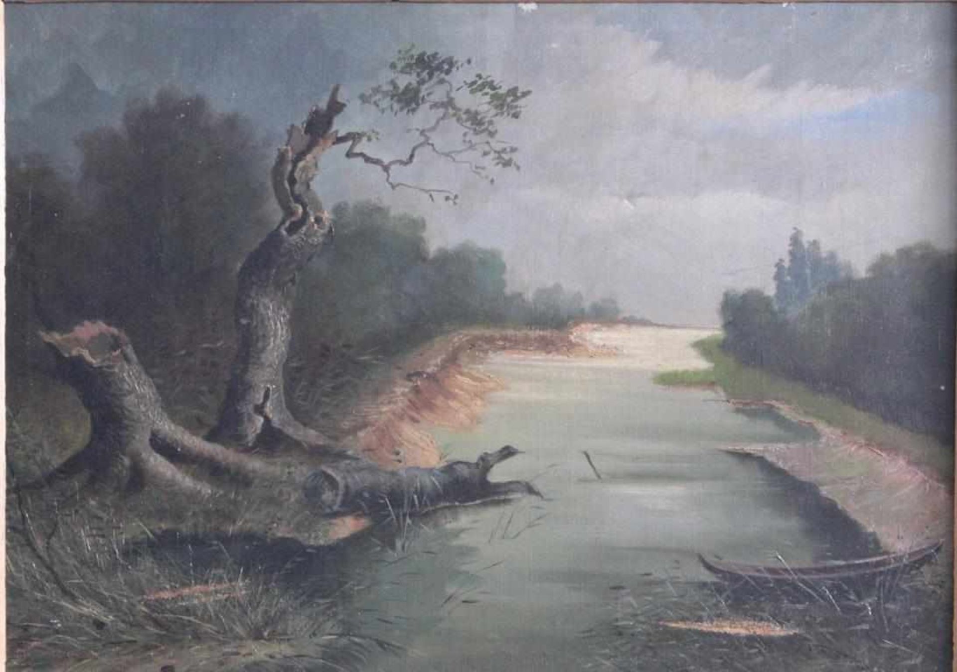 Flusslandschaft mit Boot um 1900, unbekannter KünstlerÖl auf Leinwand gemalt, unsigniert, Leinwand - Bild 2 aus 5