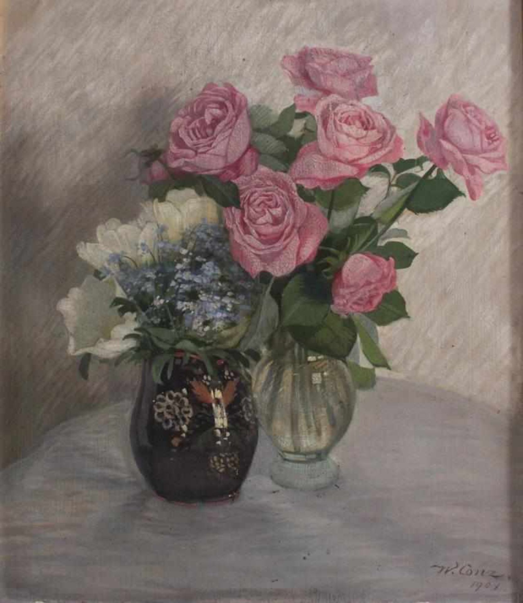 Walter Conz 1872 - 1974Stillleben mit Rosen, Tulpen und Streublumen in 2 Vasen, Öl auf Pappe gemalt, - Bild 2 aus 4