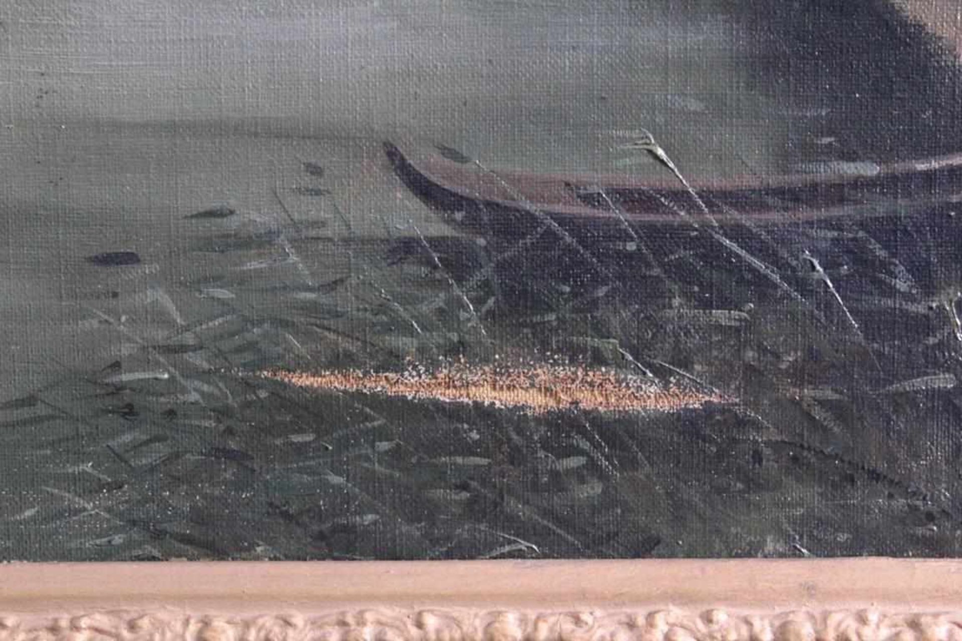 Flusslandschaft mit Boot um 1900, unbekannter KünstlerÖl auf Leinwand gemalt, unsigniert, Leinwand - Bild 3 aus 5