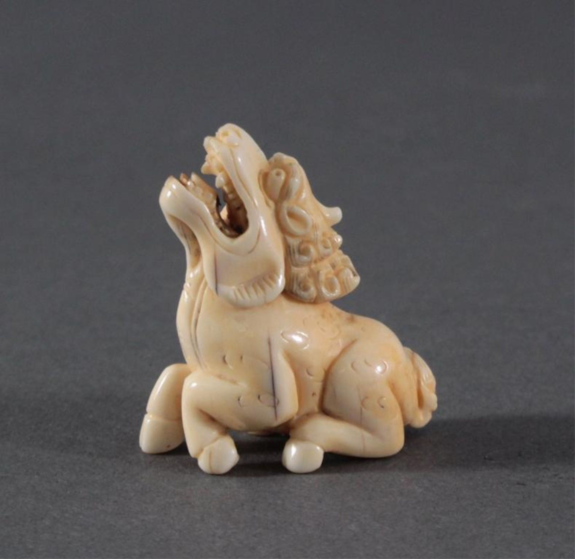 Netsuke, Japan 1. Hälfte 20. Jh., Elfenbein geschnitztDrache, ca. 4 x 1,6 x 3,5 cm.