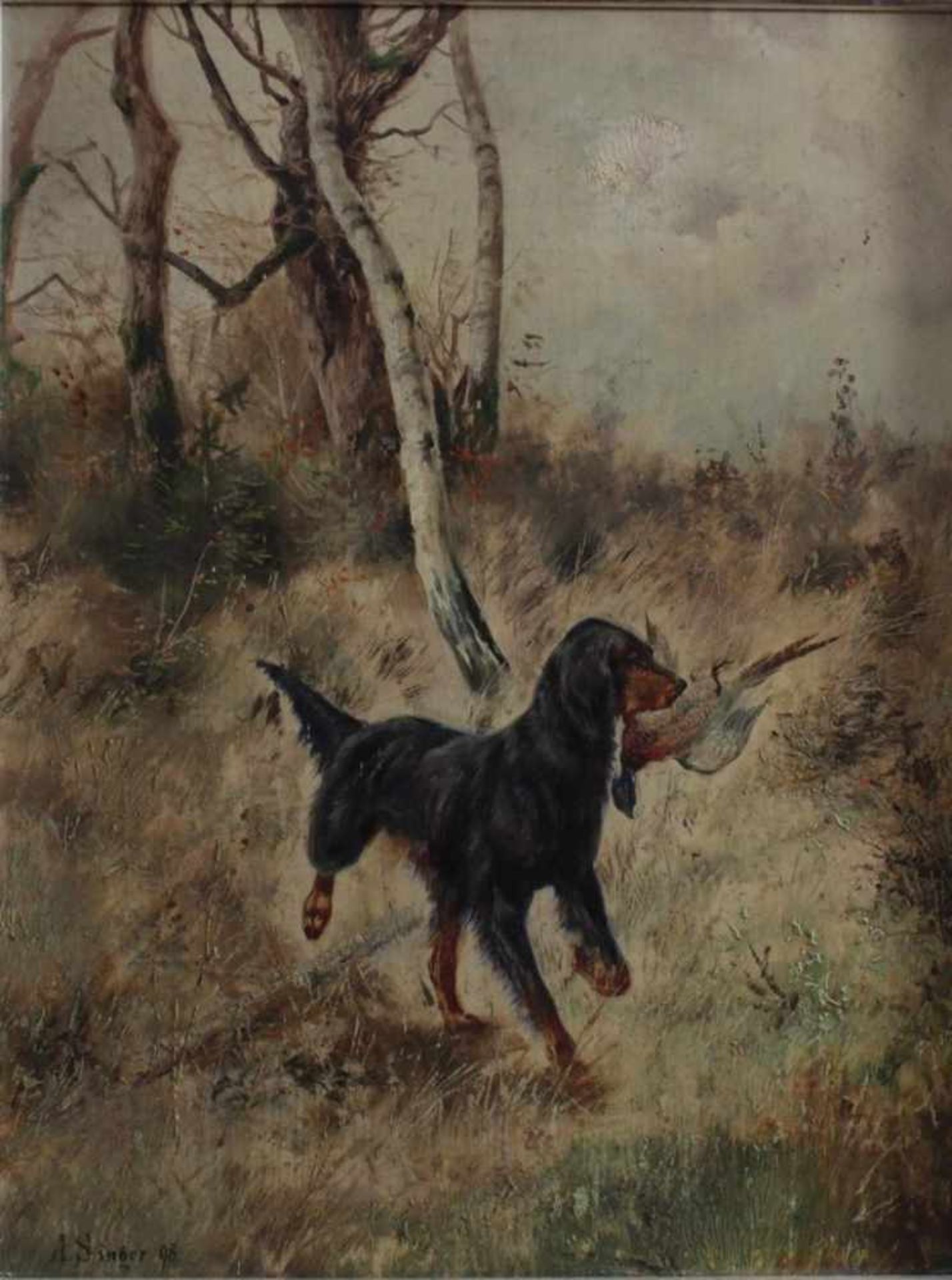 Albert Singer (1869-1922). "Jagdhund mit Fasan"Öl auf Holz, unten links signiert, datiert (98),  ca. - Bild 2 aus 3