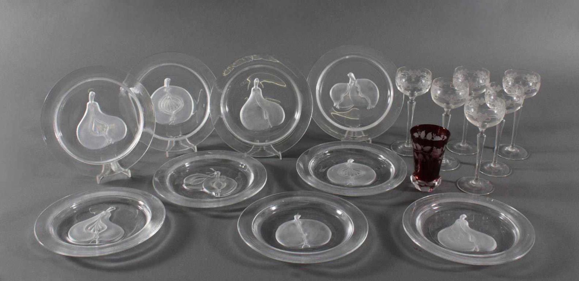 Glas Konvolut, 16 Teile 9 Obstteller, farbloses Glas, im Spiegel geschliffenes Obstdekor im