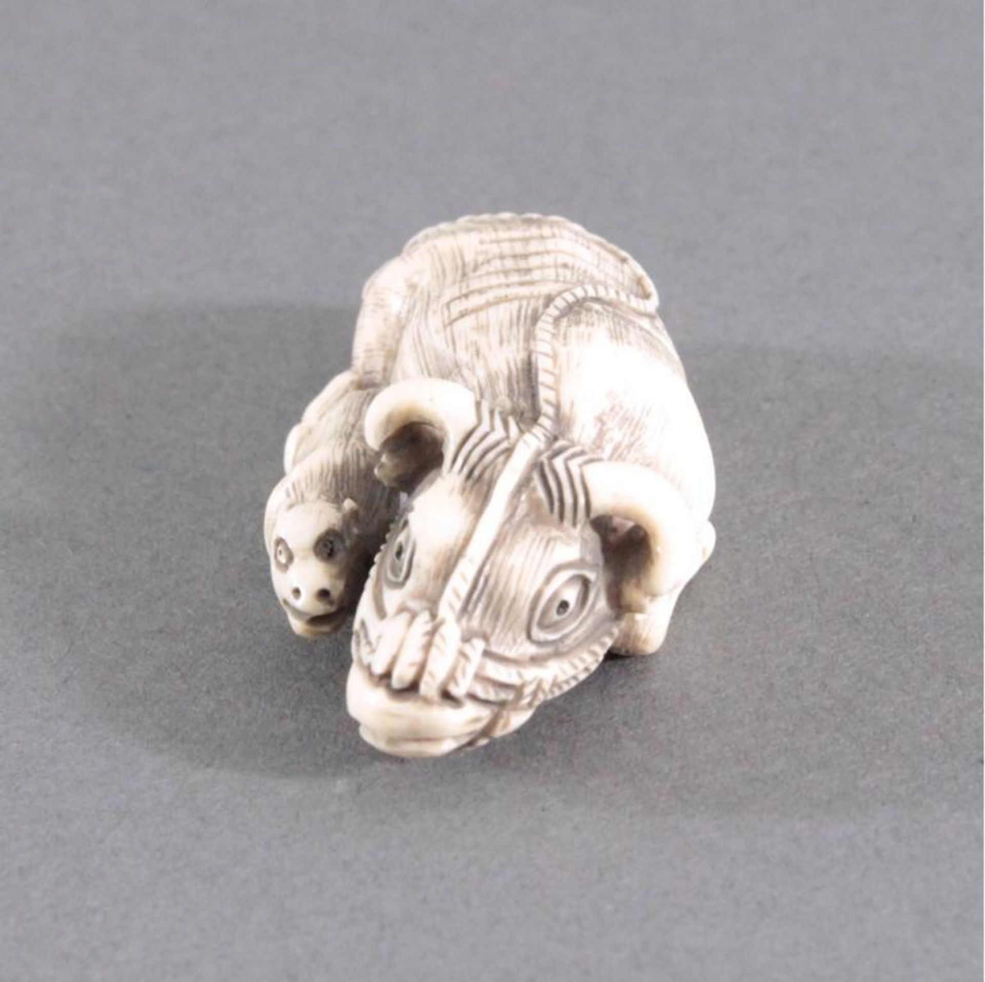 Netsuke, Japan 1. Hälfte 20. Jh., Elfenbein geschnitztVollplastische Schnitzerei, Wasserbüffel mit - Bild 2 aus 5