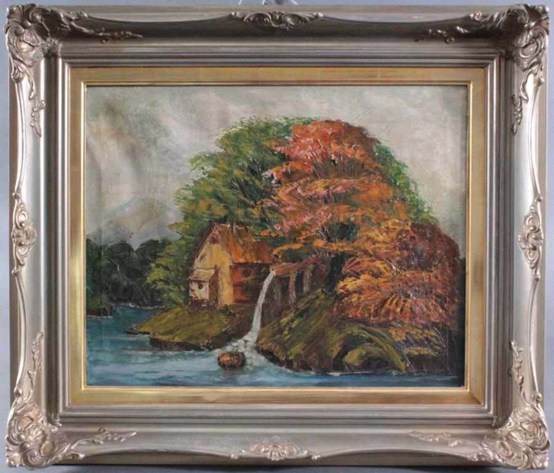 Unbekannter Künstler, "Bauernhof am Bach"Öl/Leinwand, unsigniert, ca. 40 x 50 cm. Gerahmt.