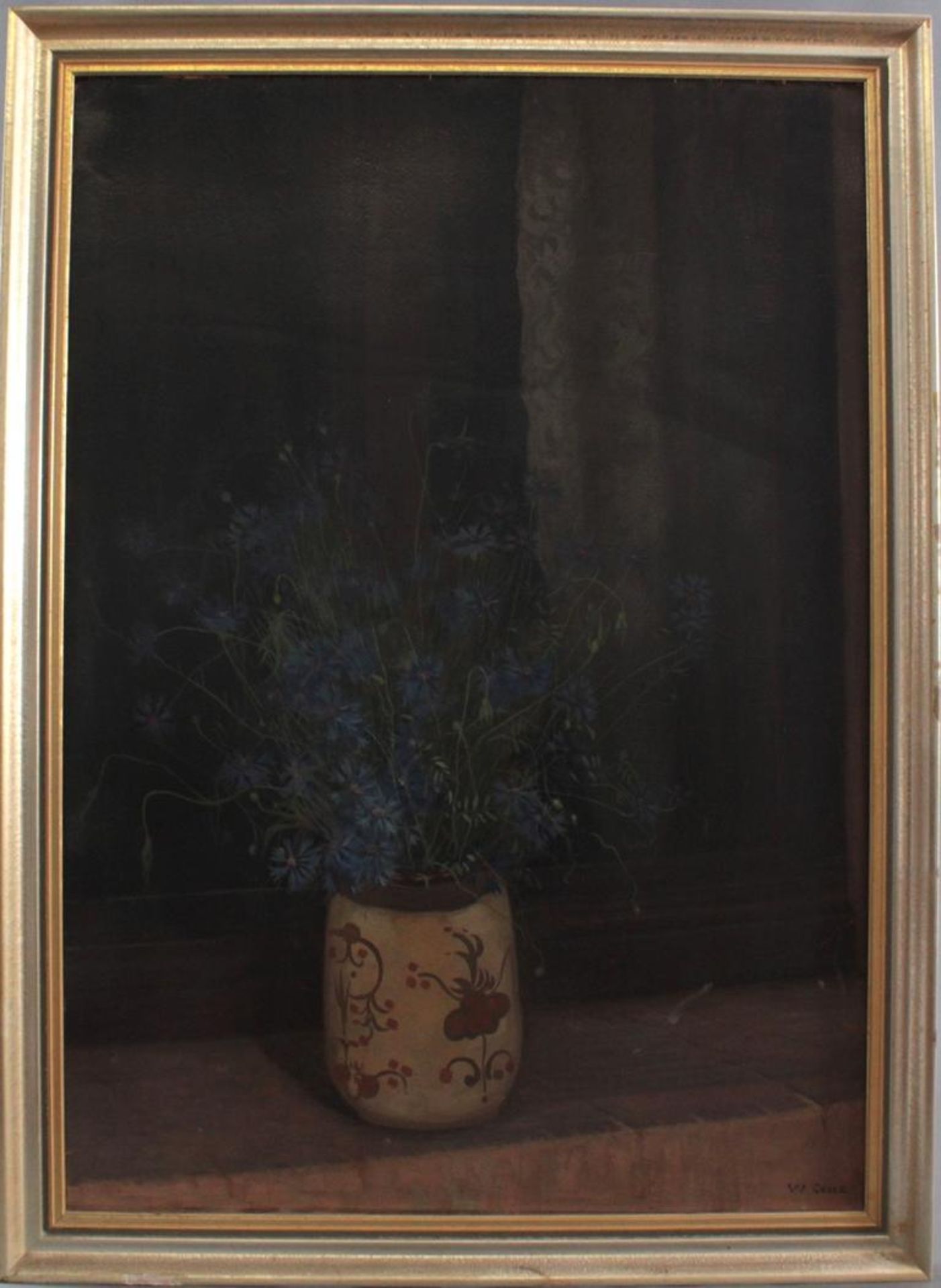 Walter Conz 1872 - 1974Stillleben mit blauen Streublumen, Öl auf Pappe gemalt, unten rechts