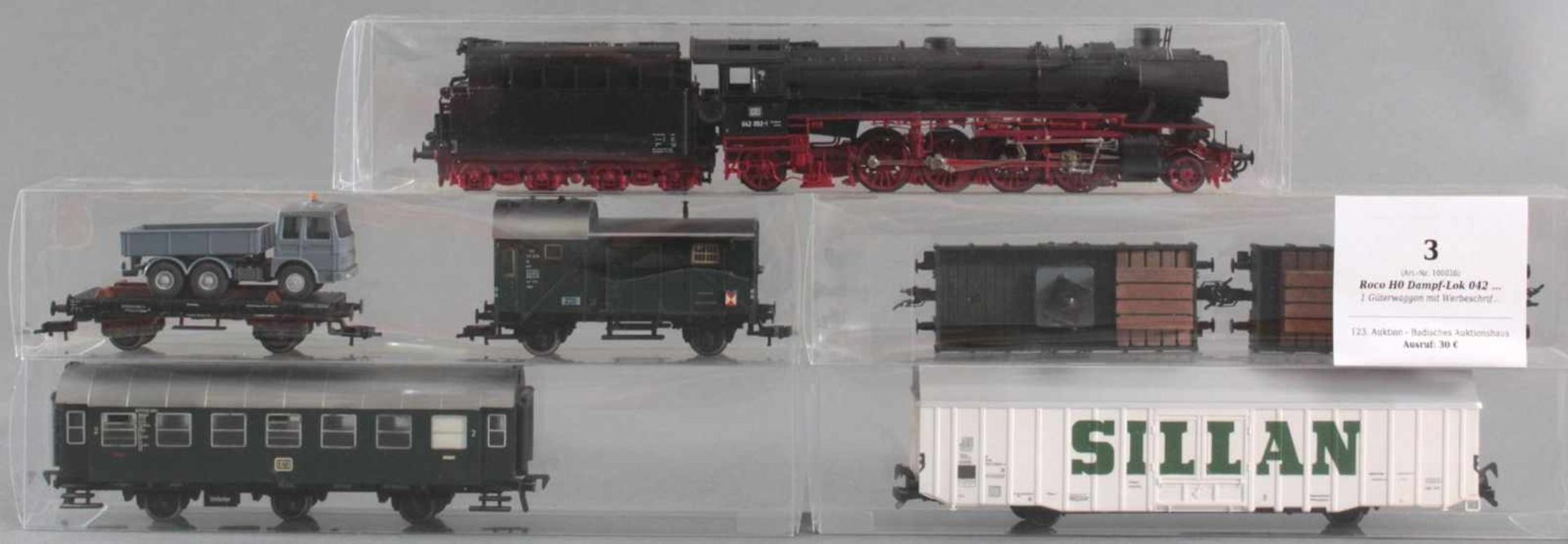 Roco H0 Dampf-Lok 042 052-1 mit 6 Fleischmann Waggons1 Güterwaggon mit Werbeschrift Silan, 2