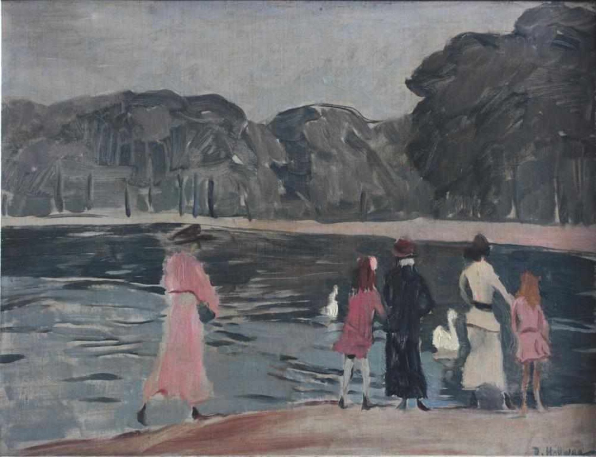 Rudolf Hellwag (1867–1942). "Am Teich im Hydepark"Öl auf Holz, unten rechts signiert,  ca. 41 x 53,5 - Bild 2 aus 4