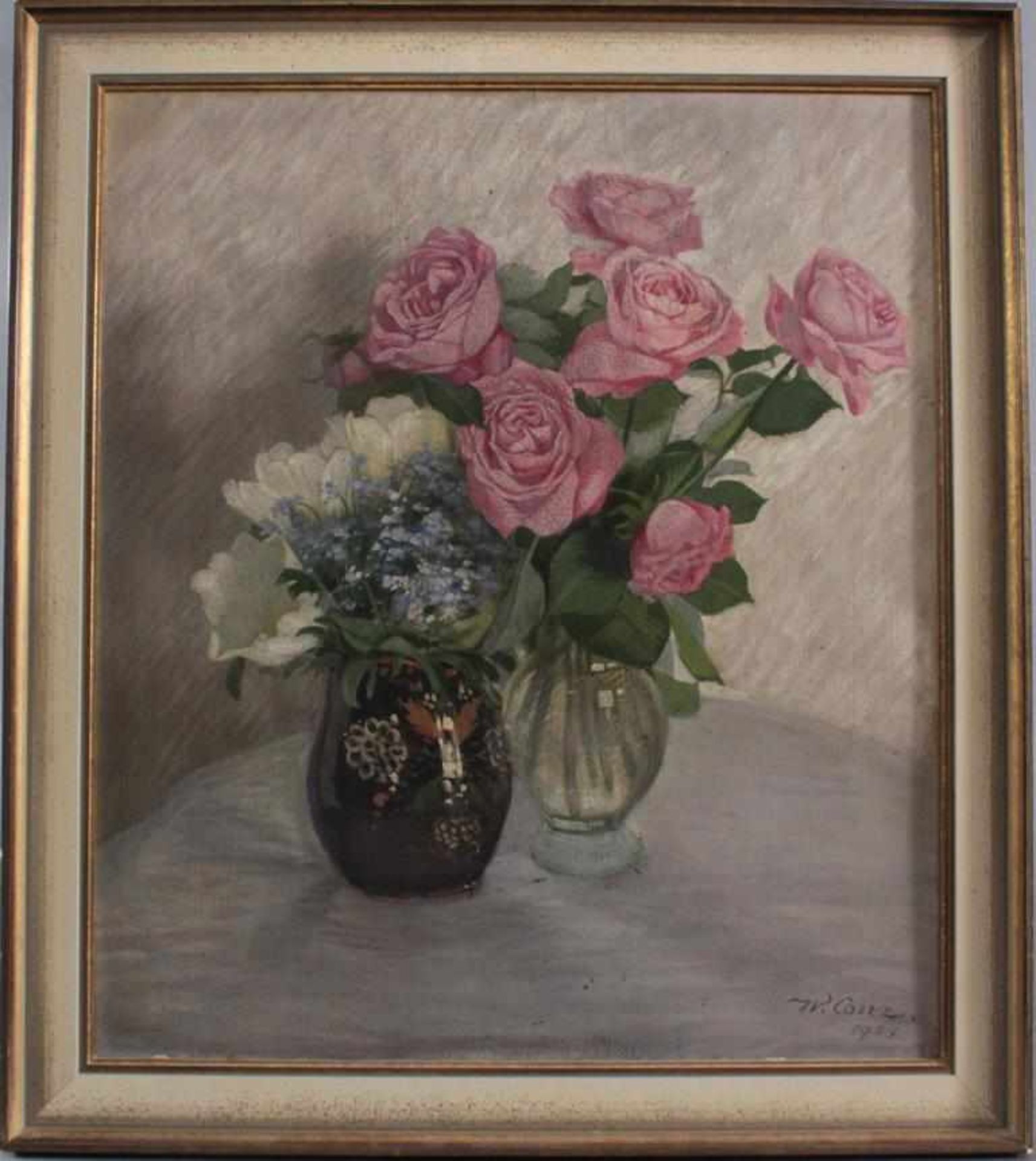 Walter Conz 1872 - 1974Stillleben mit Rosen, Tulpen und Streublumen in 2 Vasen, Öl auf Pappe gemalt,