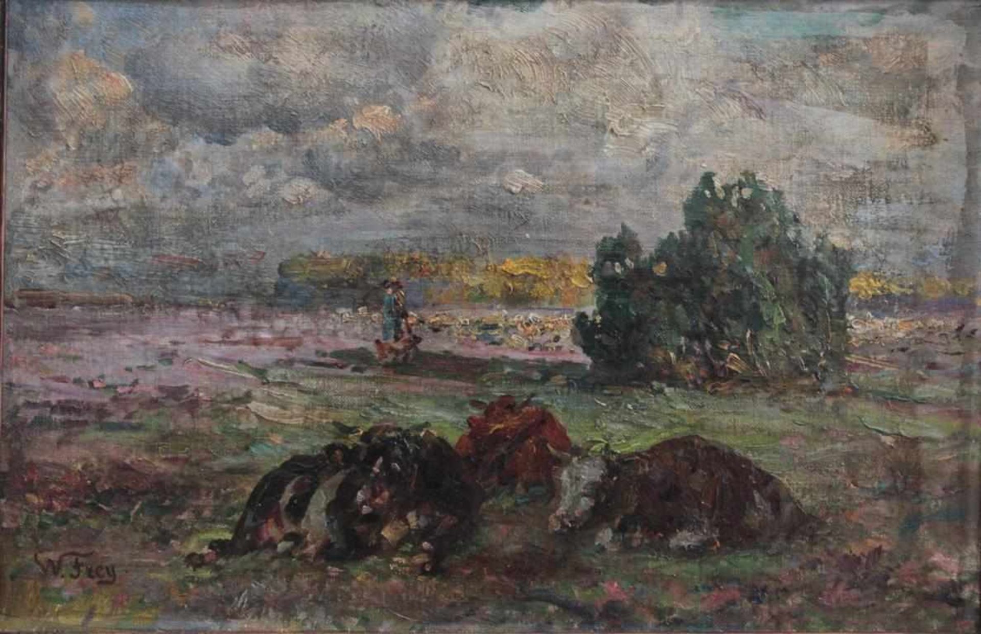 Wilhelm Frey 1826 - 1911, Hirtin mit liegenden Kühen auf der WeideÖl auf Karton gemalt, unten - Bild 2 aus 4