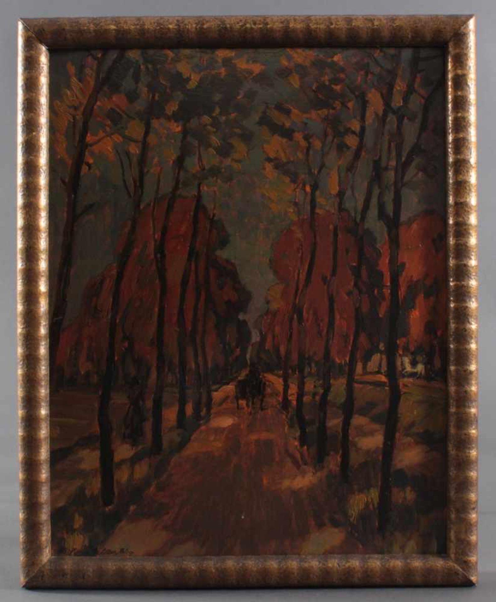 Hans Adolf Müller (1888-1934). "Linkenheimmer Allee im Karlsruhe"﻿﻿﻿Öl auf Pappe, unten links