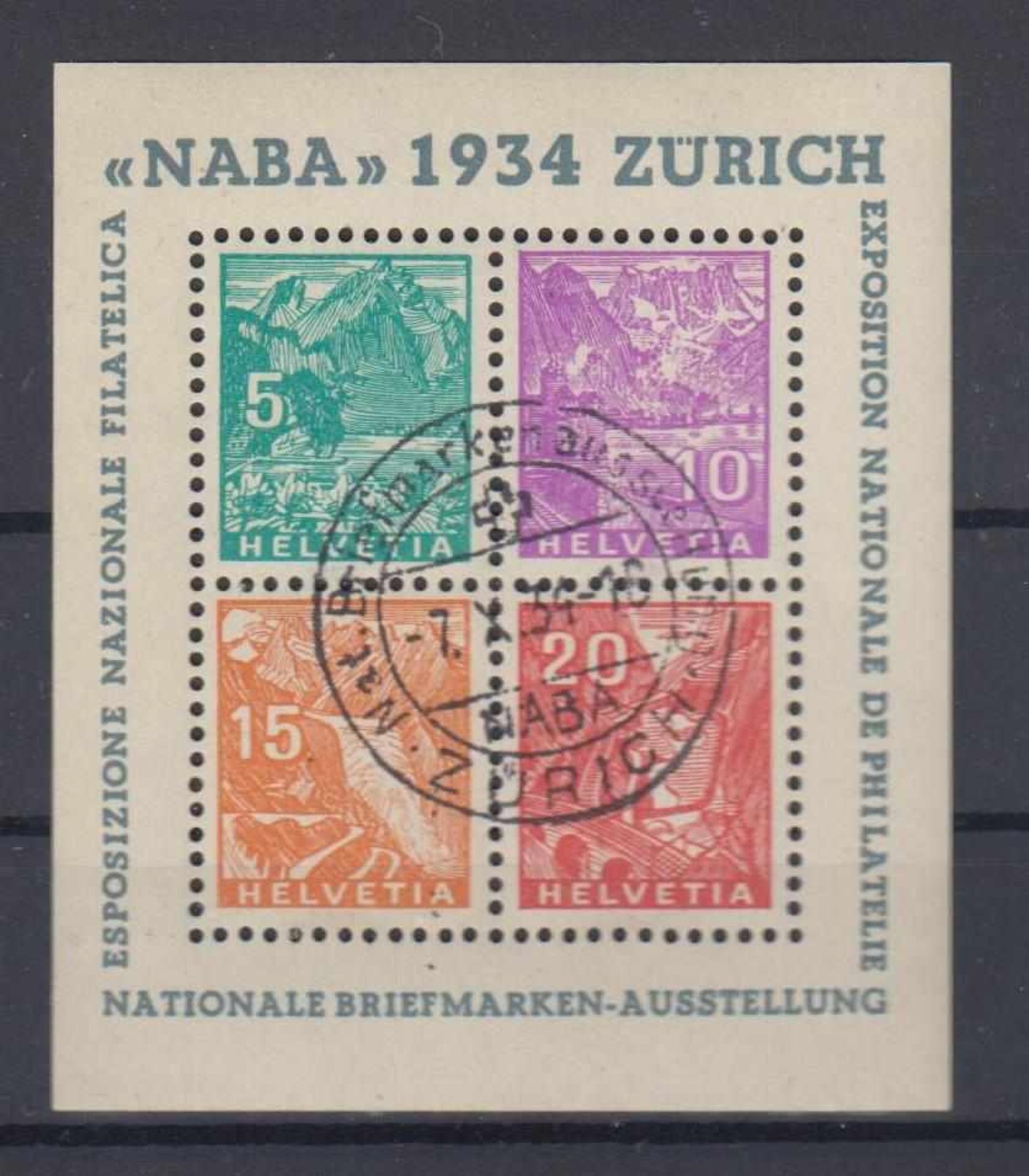 Schweiz 1934, Ausstellungsblock "NABA 1934", gestempeltMichel Block 1, gestempelt 7.X.34.Ohne