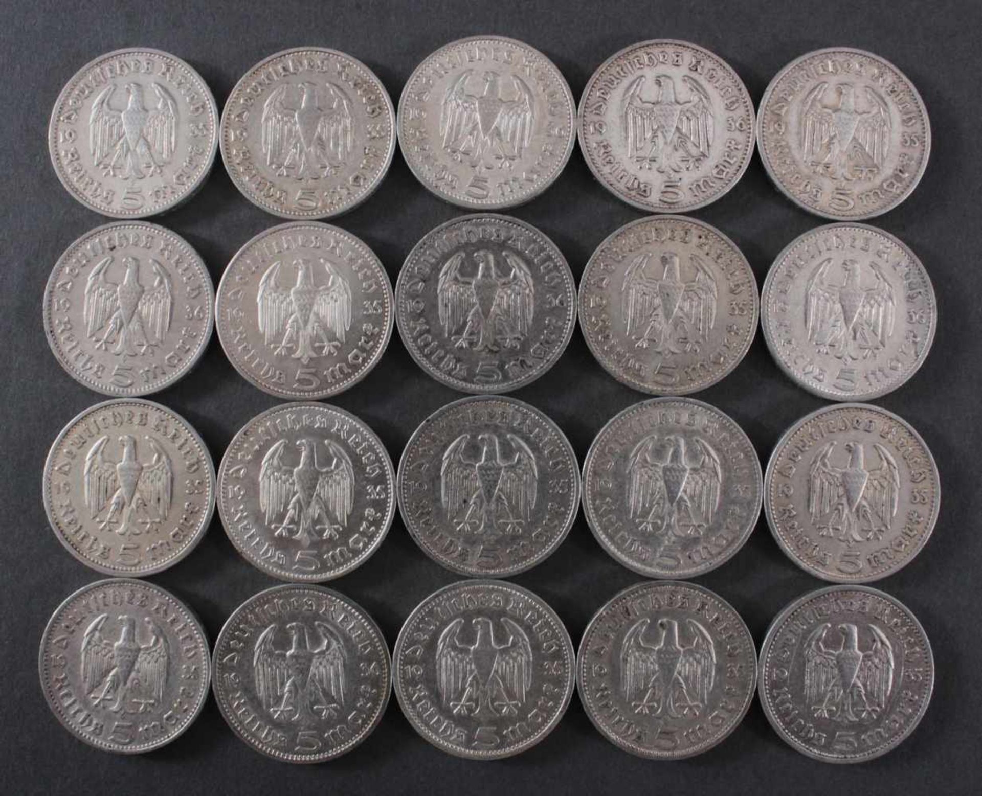 Deutsches Reich, 20x 5 Reichsmark 1935/36 HindenburgUnterschiedliche Prägeanstalten. Ca. 278 g, - Bild 2 aus 2