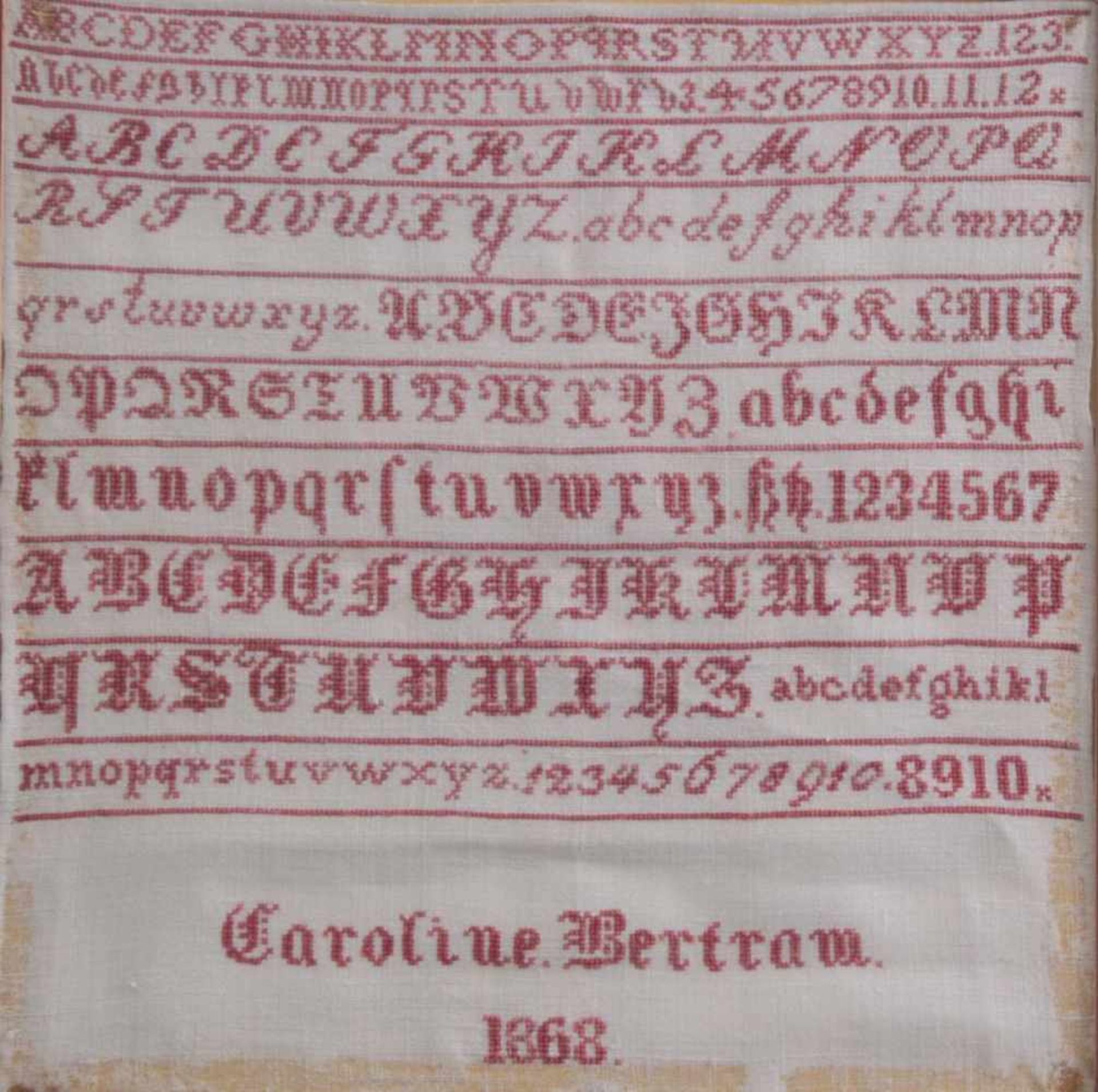 Stickbild von 1868Leinen mit rotem Faden, Alphabet und Zahlen, bezeichnet Caroline Bertram, - Bild 2 aus 3