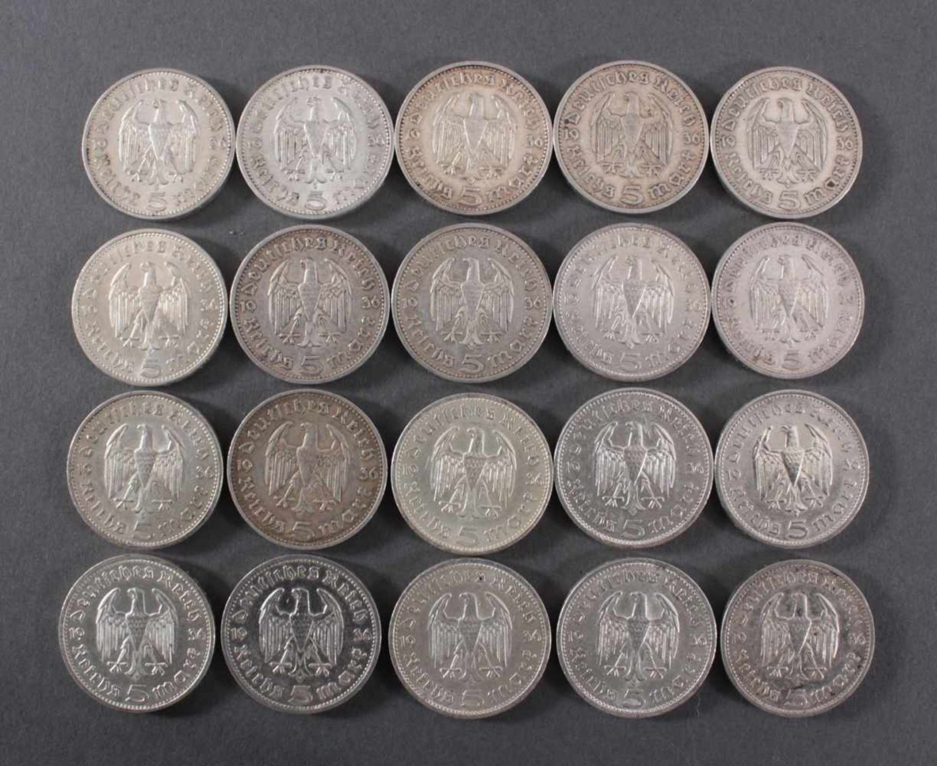 Deutsches Reich, 20x 5 ReichsmarkSilber, 10x 5 Reichsmark 1936 E und 10x 5 Reichsmark 1936 A - Image 2 of 2