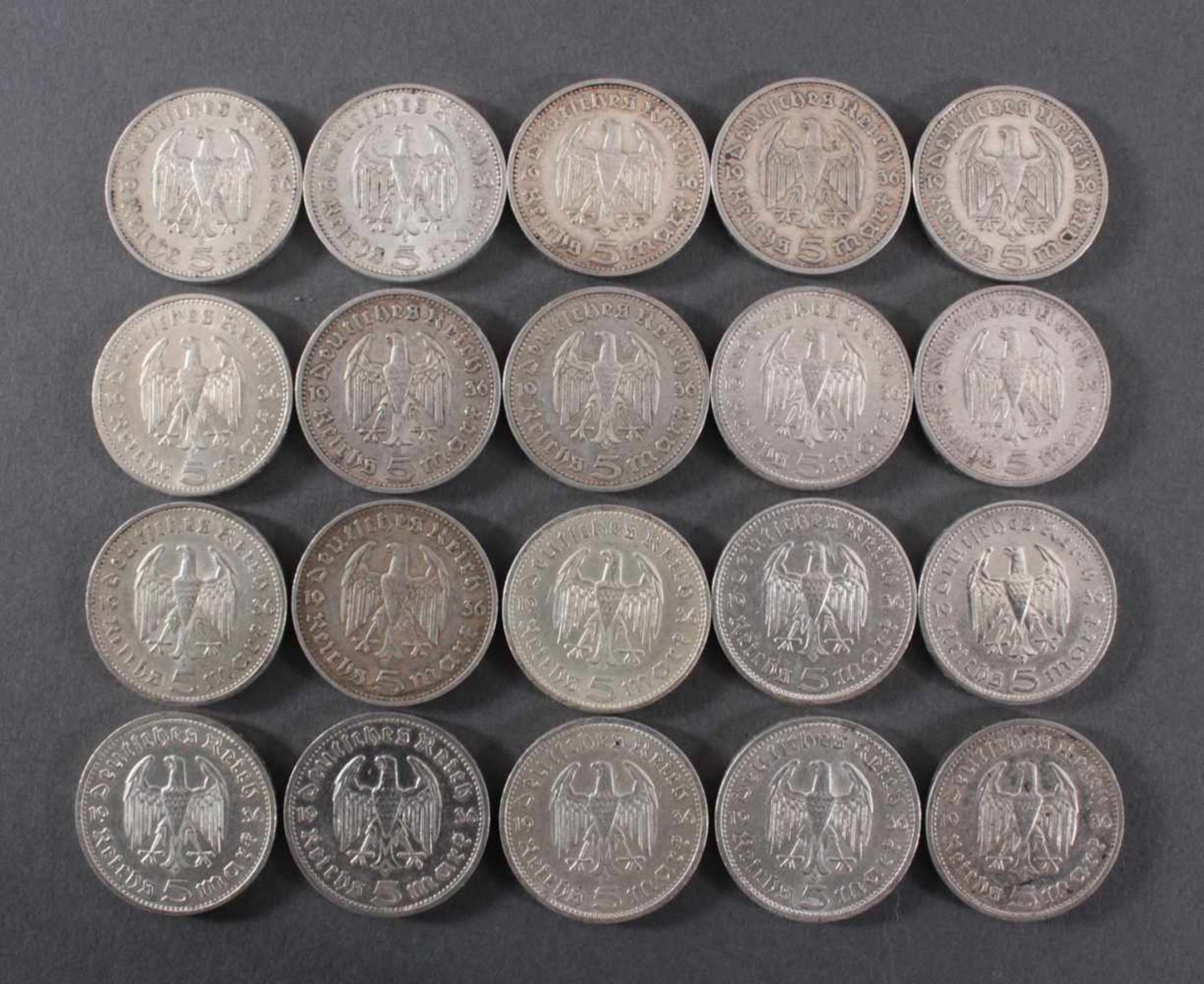 Deutsches Reich, 20x 5 ReichsmarkSilber, 10x 5 Reichsmark 1936 E und 10x 5 Reichsmark 1936 A - Bild 2 aus 2