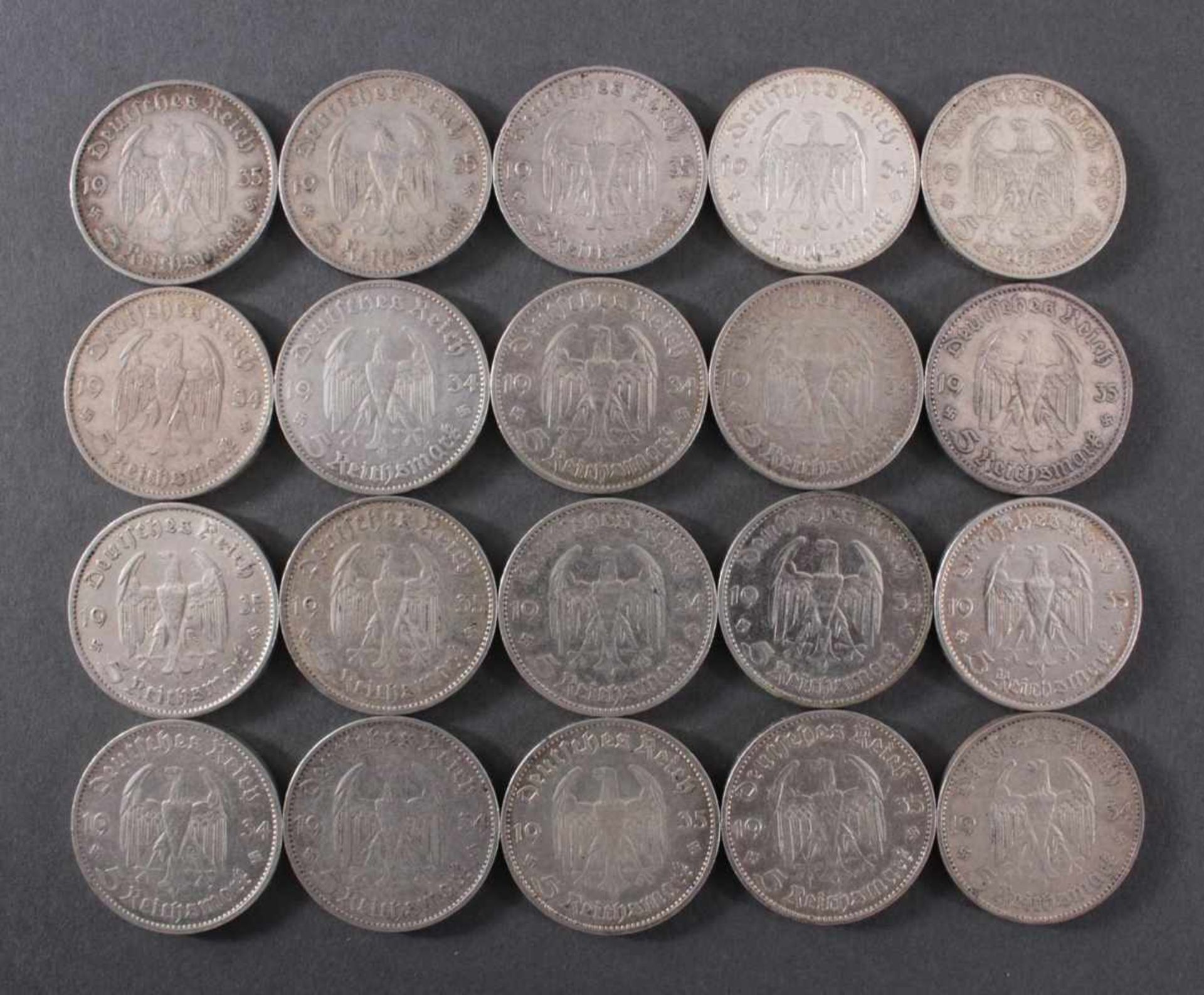 Deutsches Reich, 20x 5 Reichsmark 1934/35 GarnisonskircheUnterschiedliche Prägeanstalten. Ca. 278 g, - Bild 2 aus 2