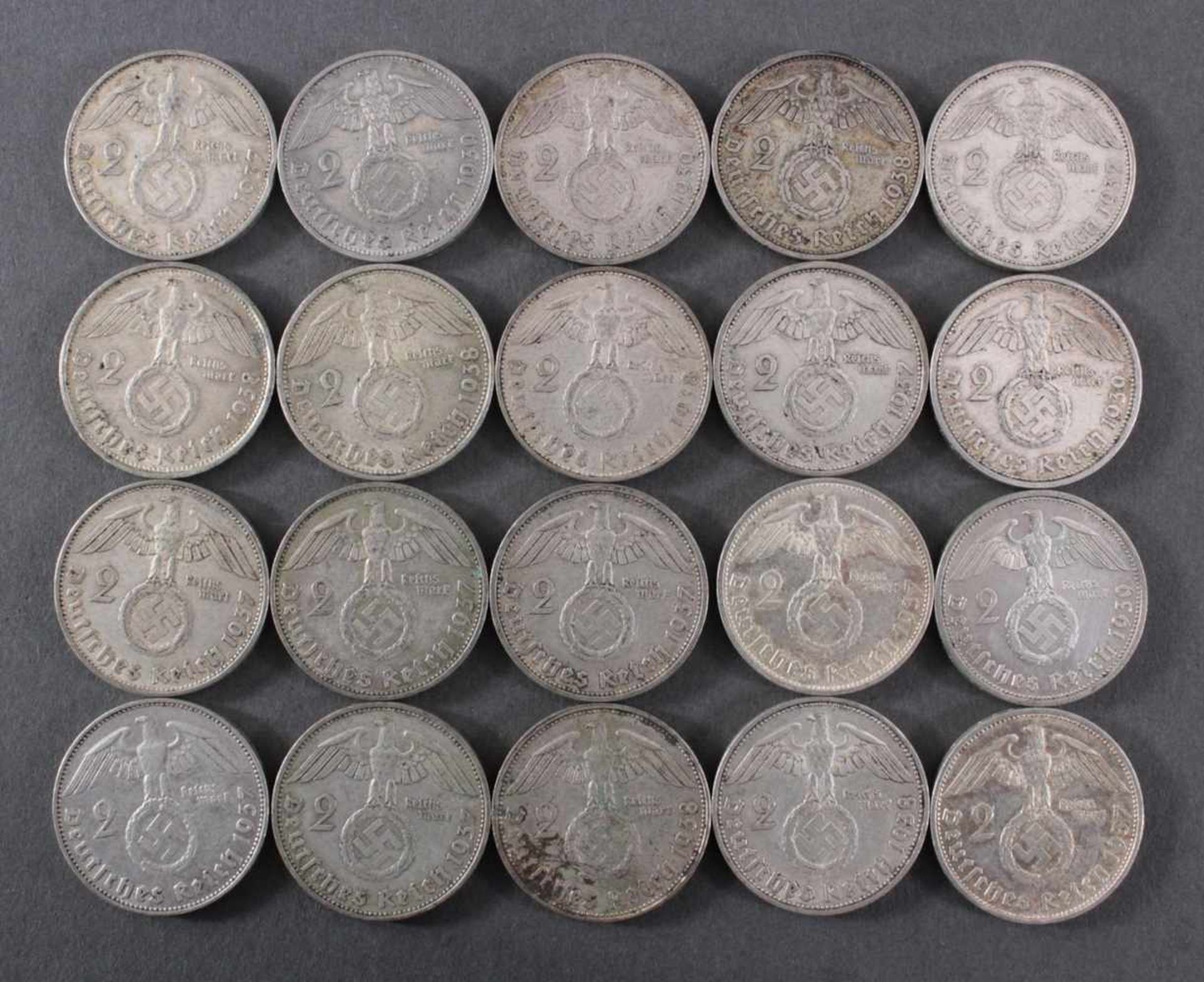 Deutsches Reich, 2 Reichsmark 20 Stück 1937, 38 und 39, aus unterschiedlichen Prägeanstalten, - Bild 2 aus 2