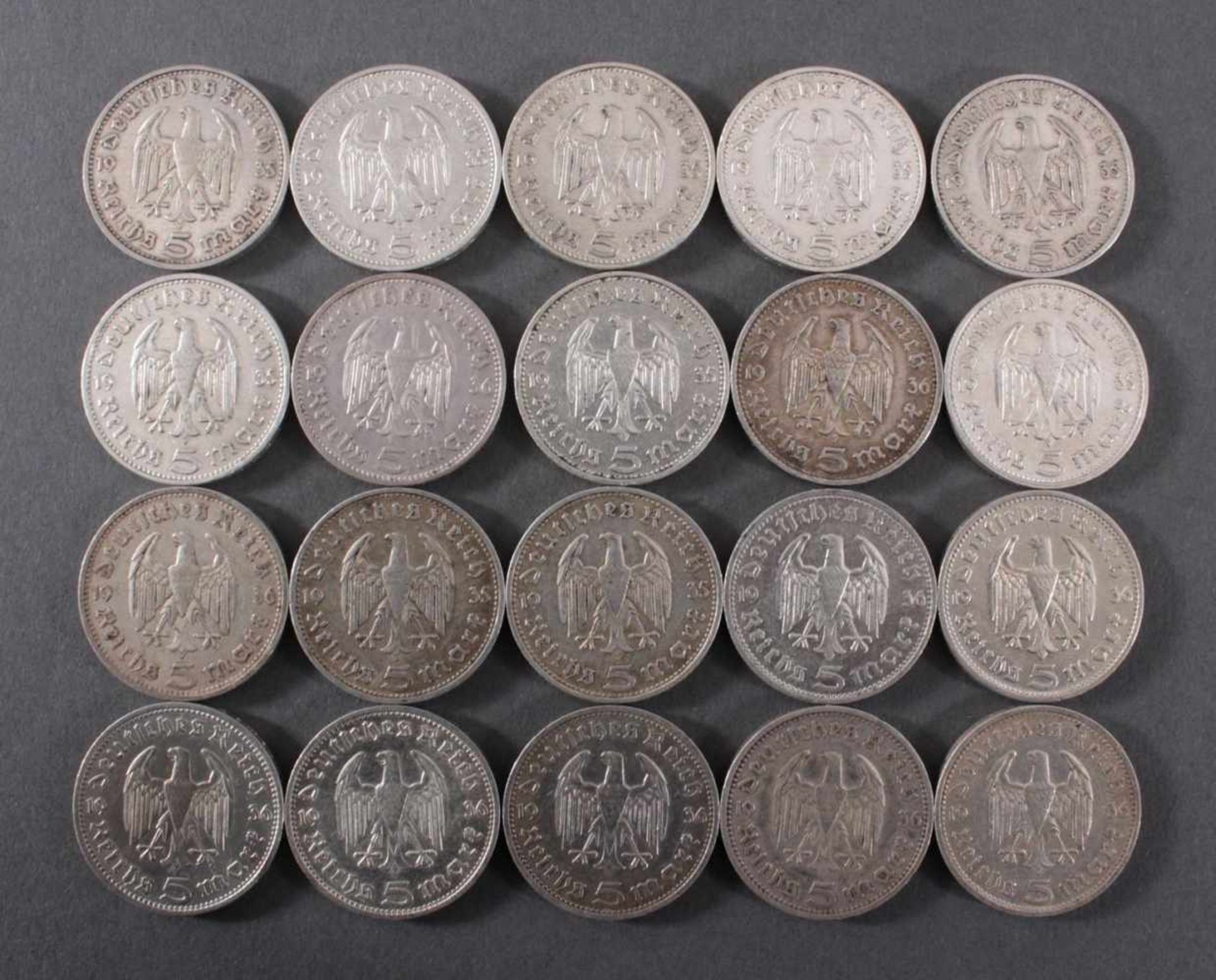 Deutsches Reich, 20x 5 ReichsmarkSilber, 10x 5 Reichsmark 1935 D und 10x 5 Reichsmark 1936 D - Bild 2 aus 2