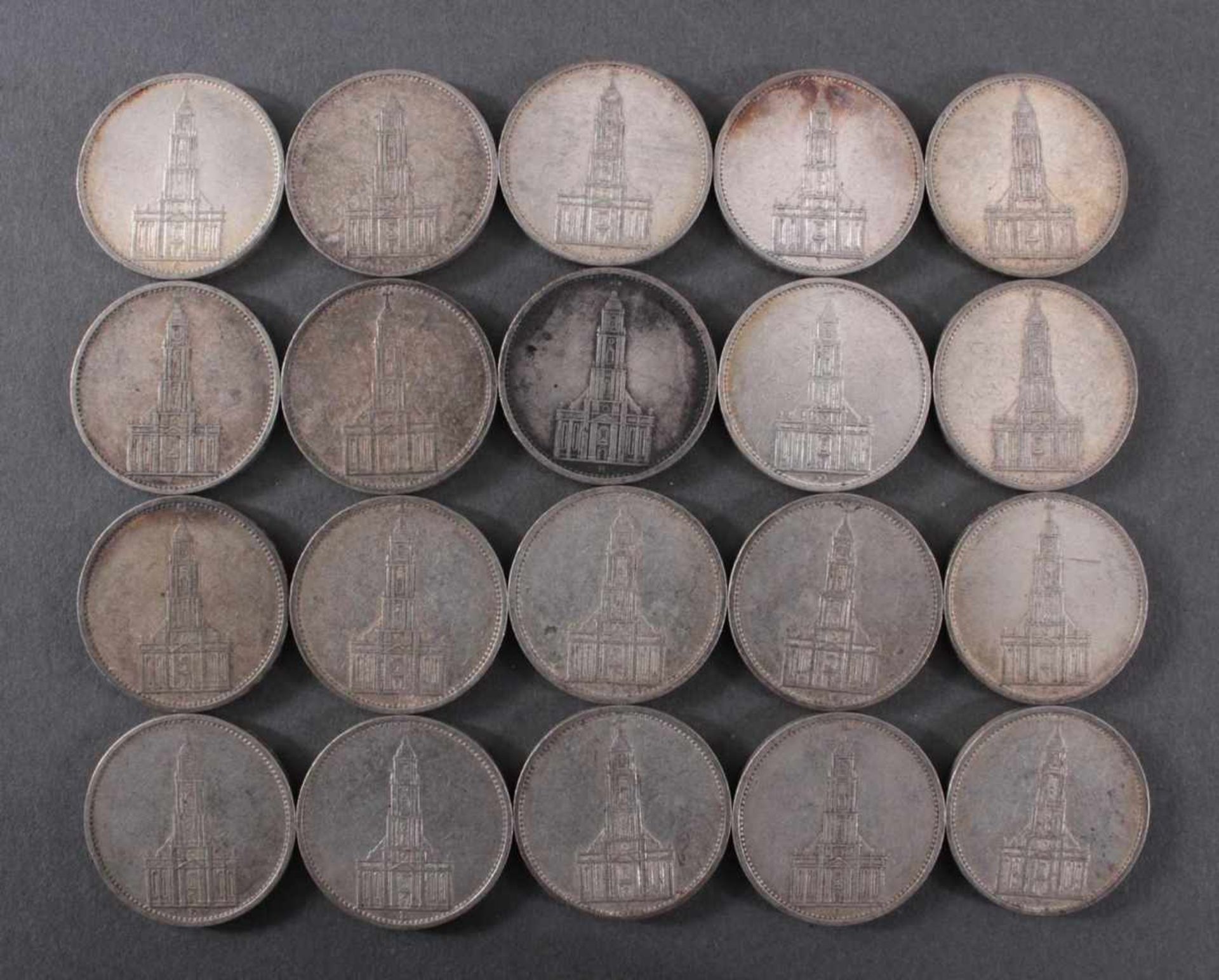 Deutsches Reich, 20x 5 Reichsmark 1934/35 GarnisonskircheUnterschiedliche Prägeanstalten. Ca. 278 g,