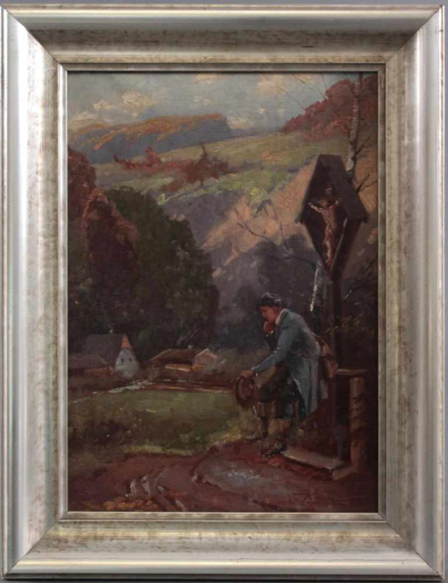 Klein, "Rast am Wegkreuz"Öl auf Leinwand, unten rechts signiert, ca. 35,5 x 25,5 cm. Gerahmt