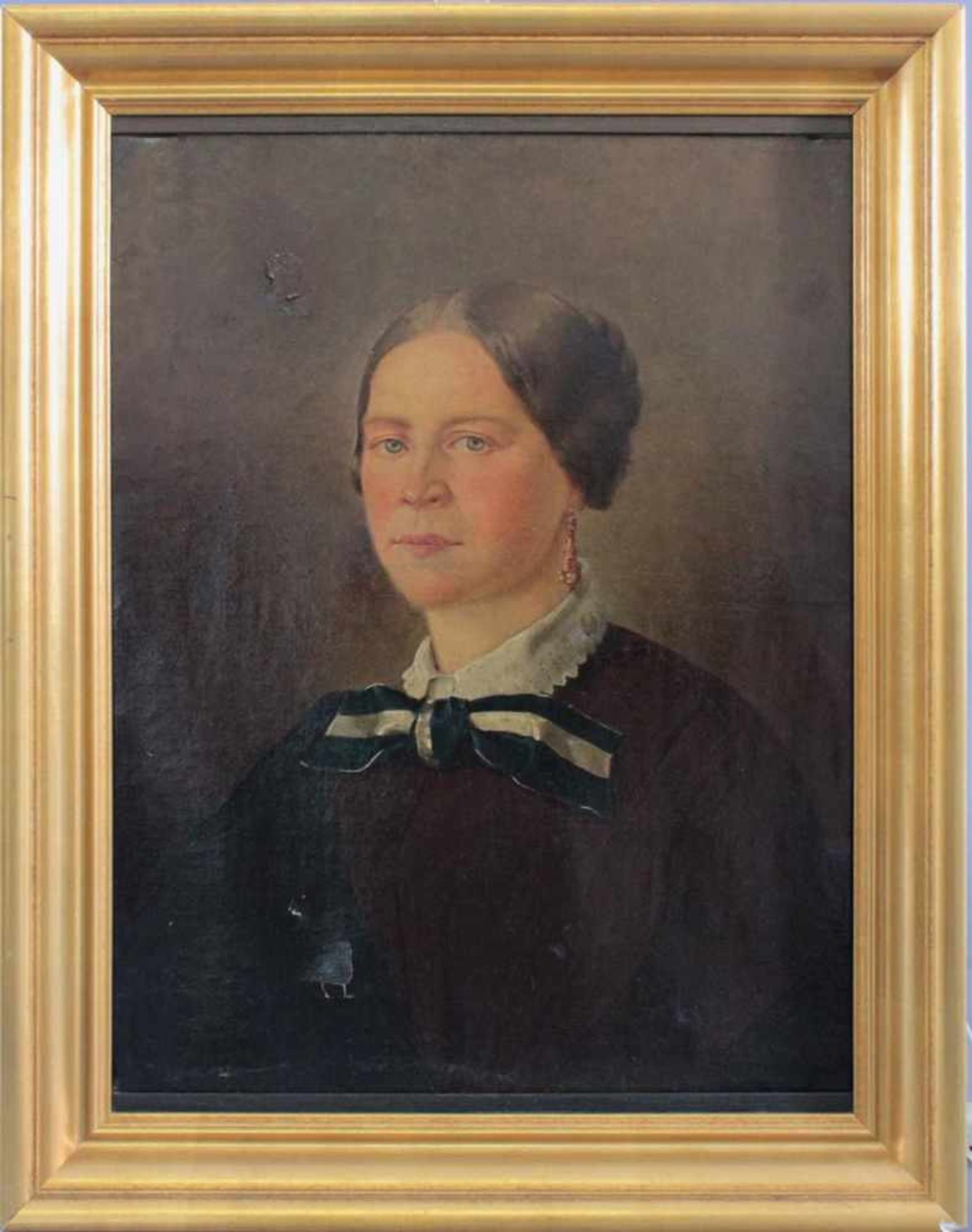 Damen-Portrait. 19, JahrhundertÖl auf Leinwand, unsigniert. Leinwand an 2 Stellen beschädigt, ca. 59