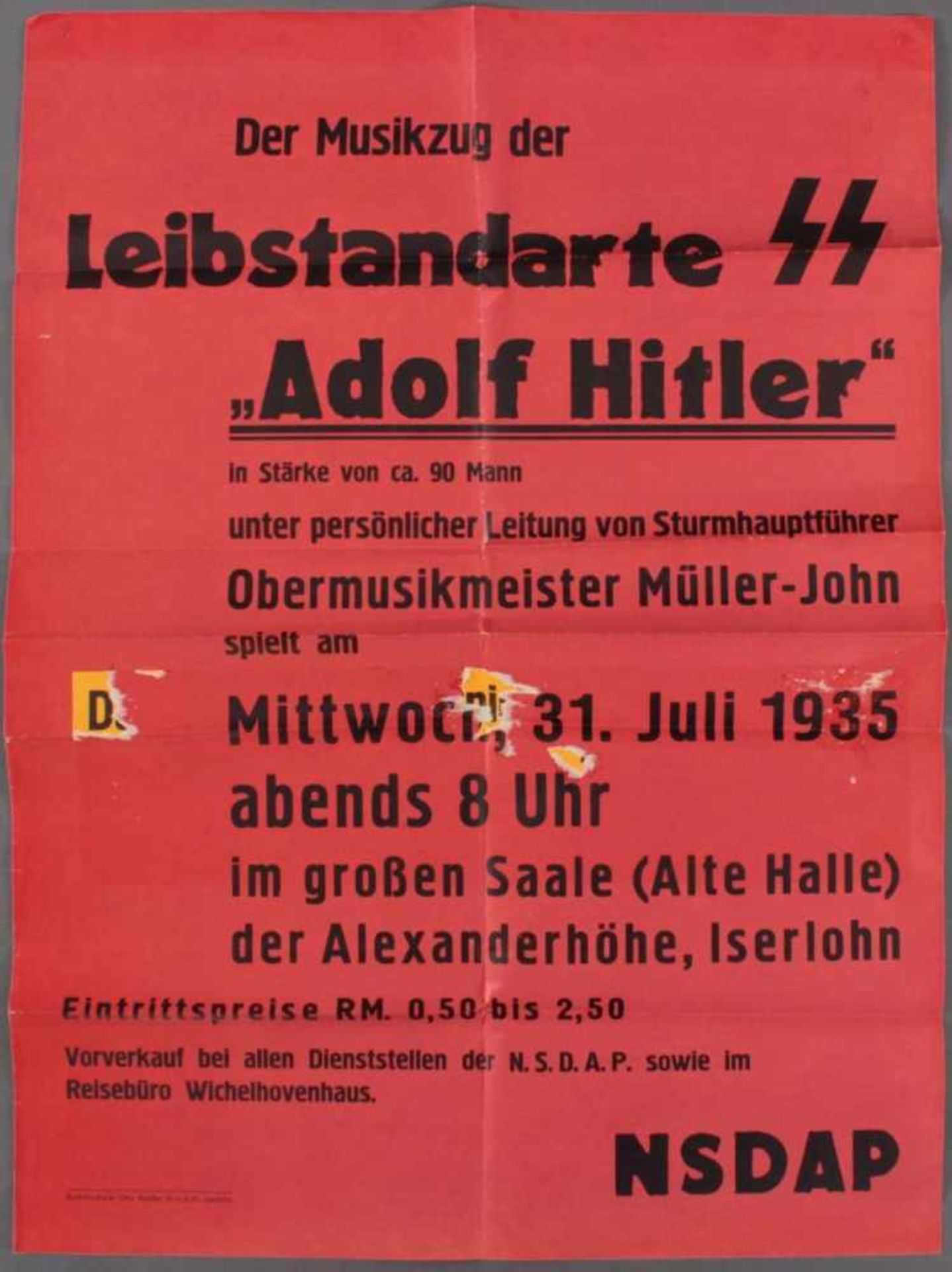 1935, Plakat "Der Musikzug Leibstandarte SS Adolf Hitler.... Alexanderhöhe Iserlohn"Großformatiges