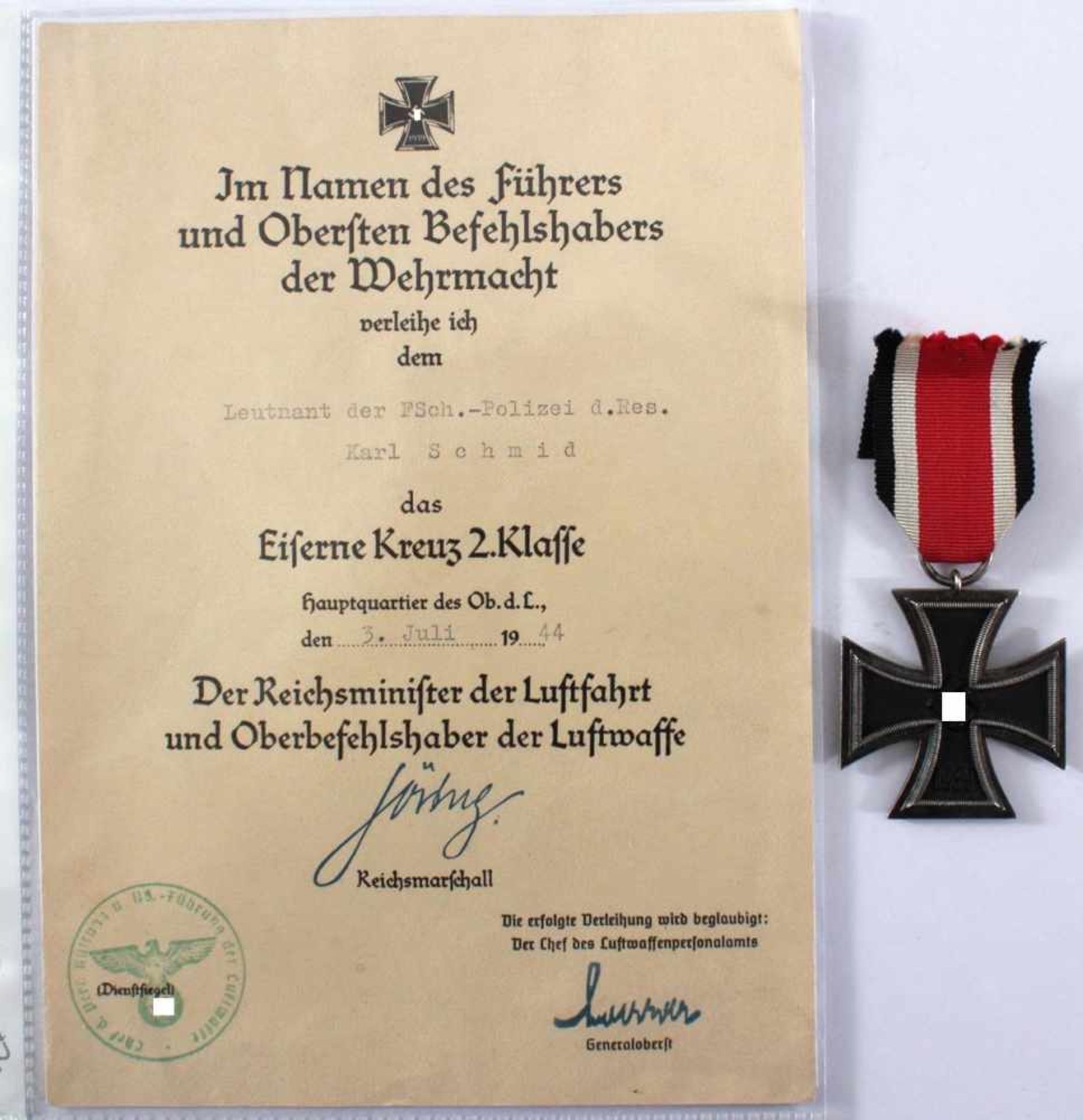 Eiserne Kreuz 2. Klasse mit Verleihungsurkunde von Hermann GöhringVerleihungsurkunde mit original